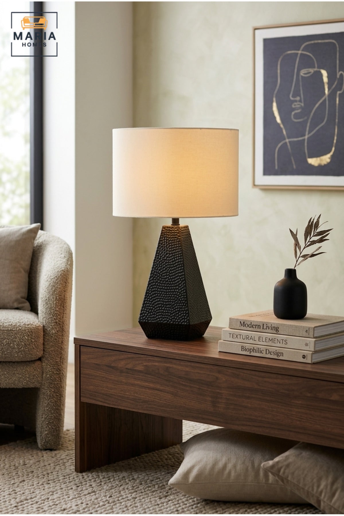 Modern Black Textured Table Lamp with White Drum Fabric Shade and Geometric Tapered Base for Bedroom, Living Room, Office, Hotel and Bedside Décor