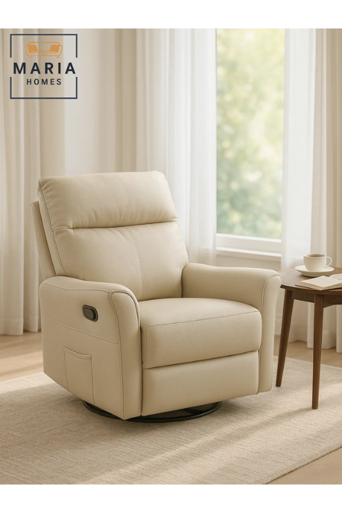Beige Recliner Chair Ð Swivel & Recline Armchair with Side Pocket for Living Room