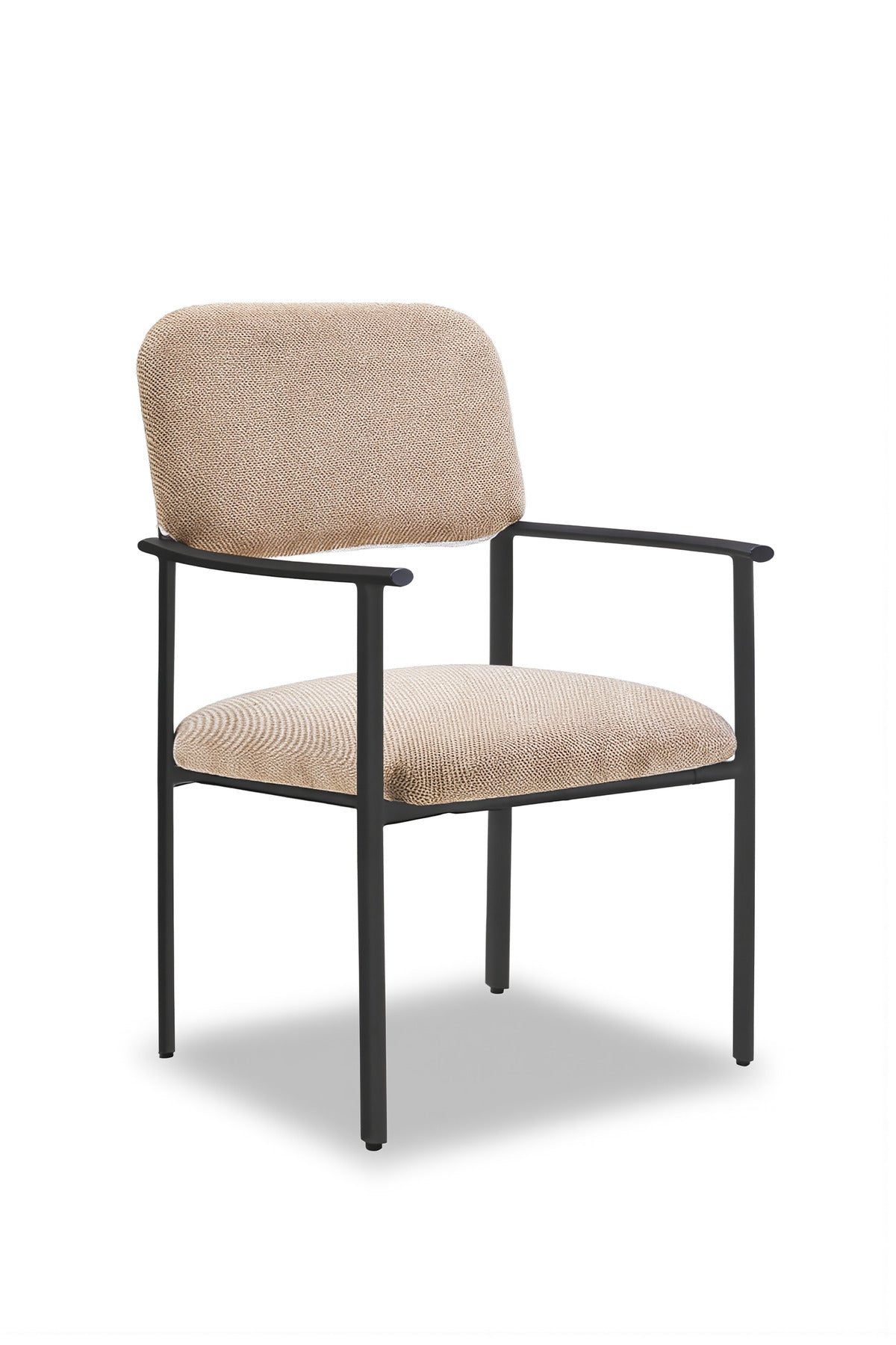 Modern Beige Upholstered Armchair with Black Metal Frame Stylish Dining Chair for Home Office Use