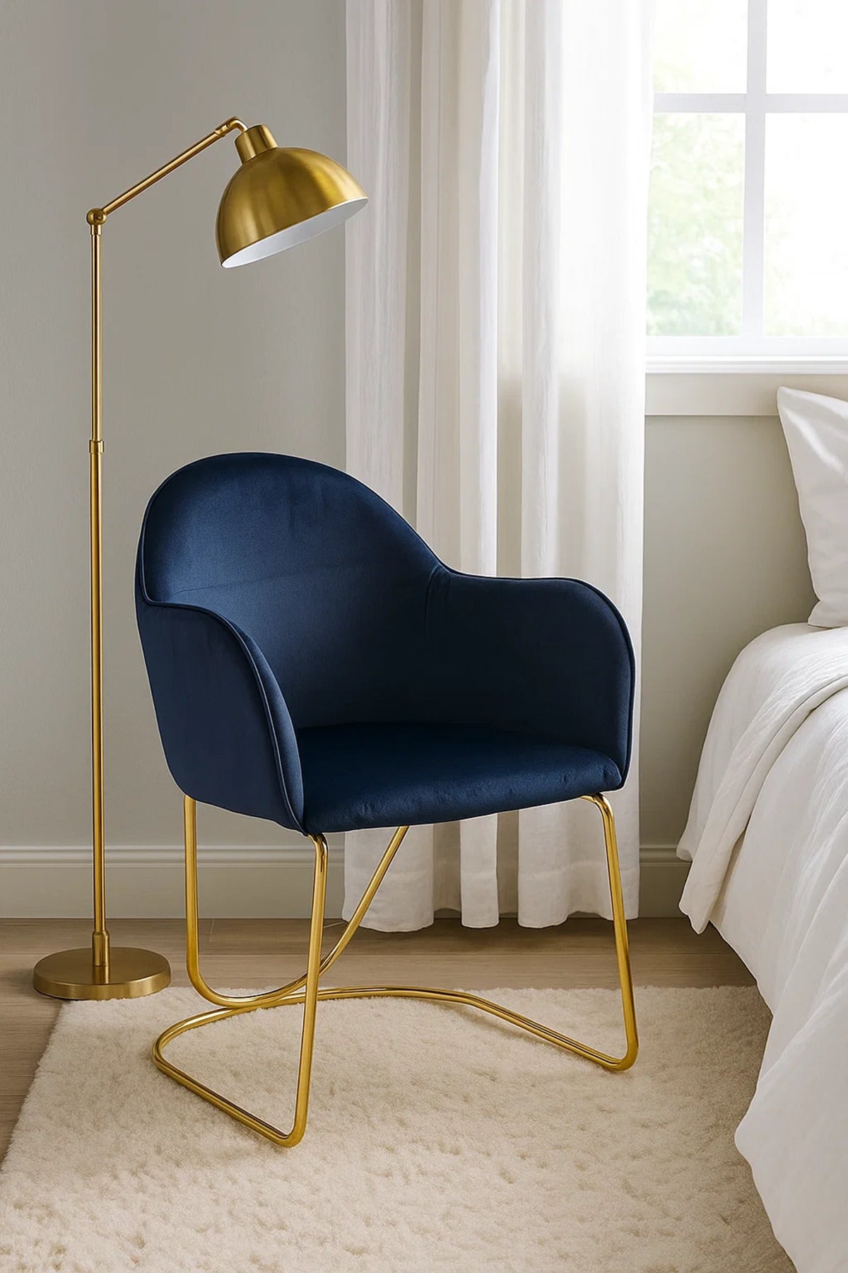 Luxury Velvet Accent Chair with Gold Metal Legs, Modern Navy Blue Upholstered Dining & Office Chair