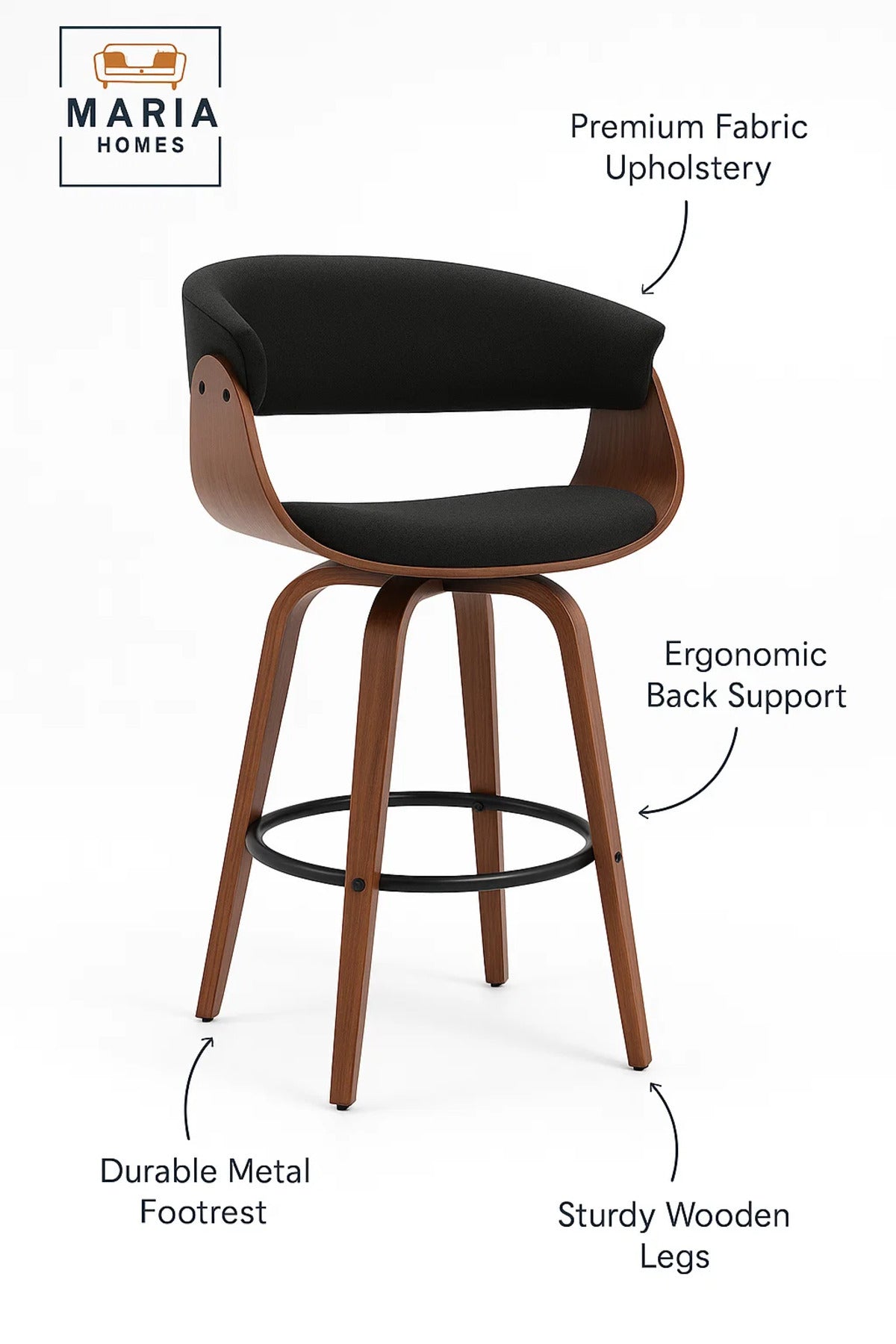 Black Swivel Bar Stool with Curved Wood Backrest, Upholstered Seat, Metal Footrest for Kitchen