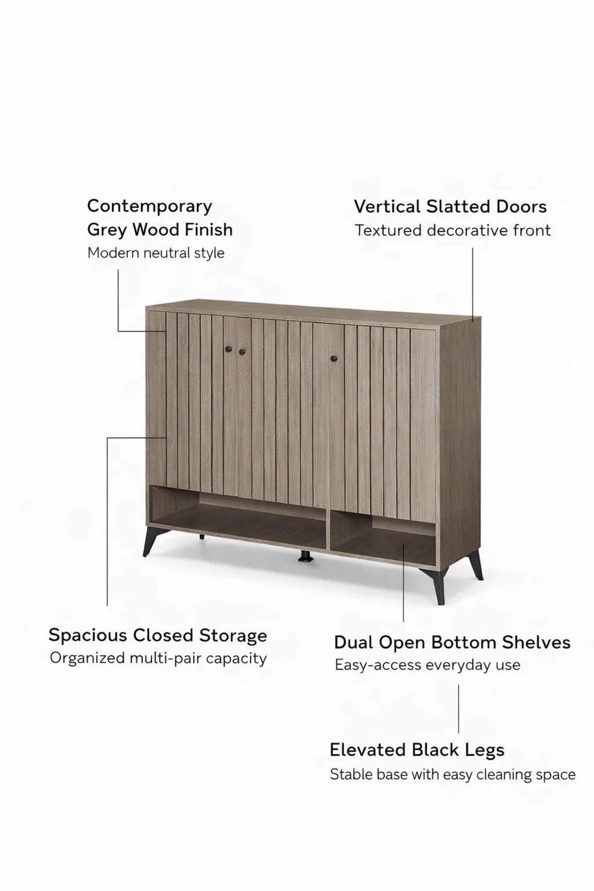 Modern Grey Shoe Cabinet 120cm with Vertical Slats, Open Shelf & 3 Doors for Entryway Storage
