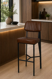 Modern Upholstered Bar Stool with Padded Ribbed Seat, Supportive Backrest and Integrated Footrest | High Kitchen Counter Chair for Café and Dining