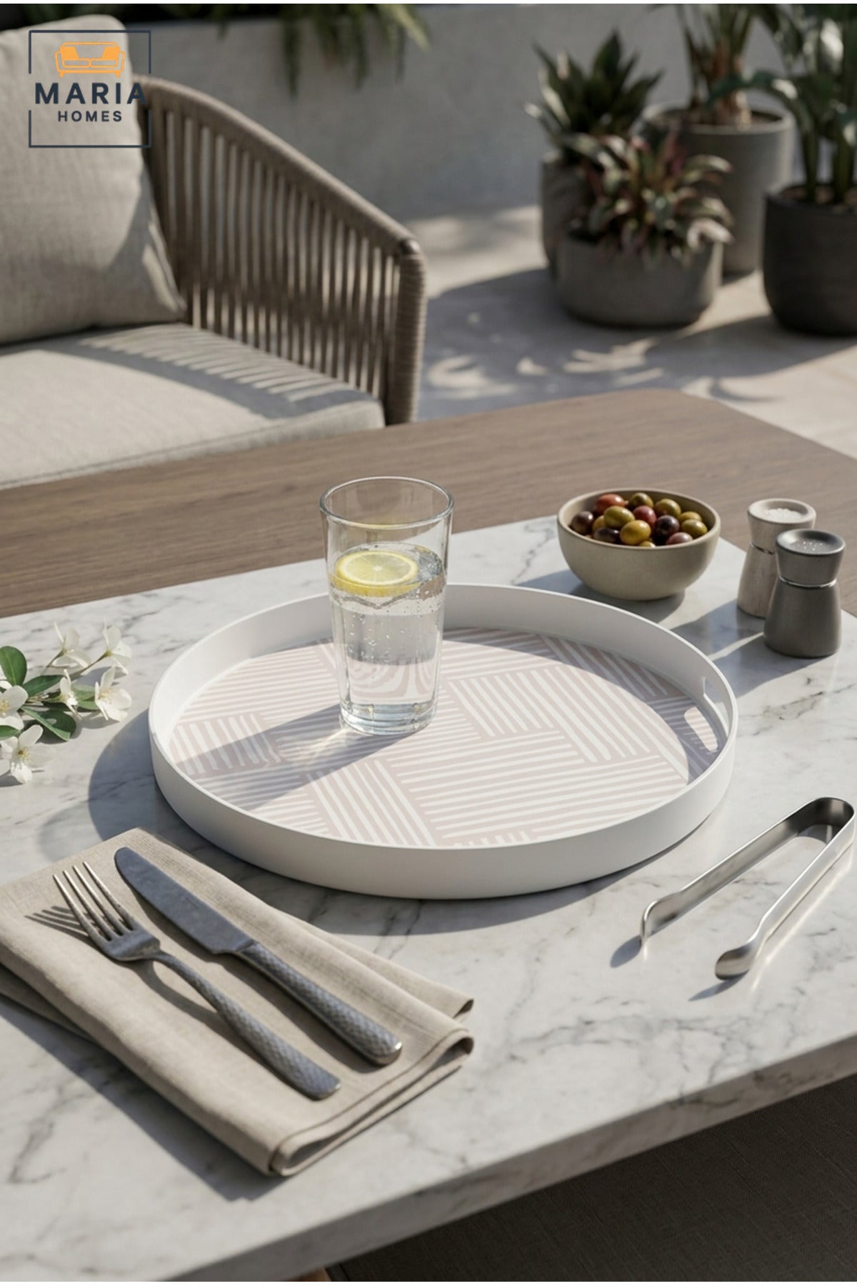 Round Serving Tray with Raised Rim and Textured Base, Multipurpose Drinks and Food Tray for Kitchen, Dining Table, Café, Patio and Garden