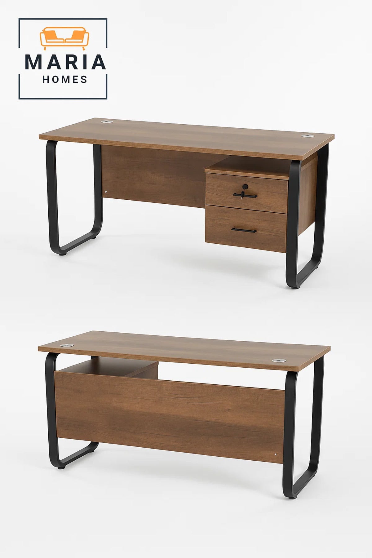 Dark Wood Office Desk with Metal Frame and Lockable Drawer Cabinet-size 60*140