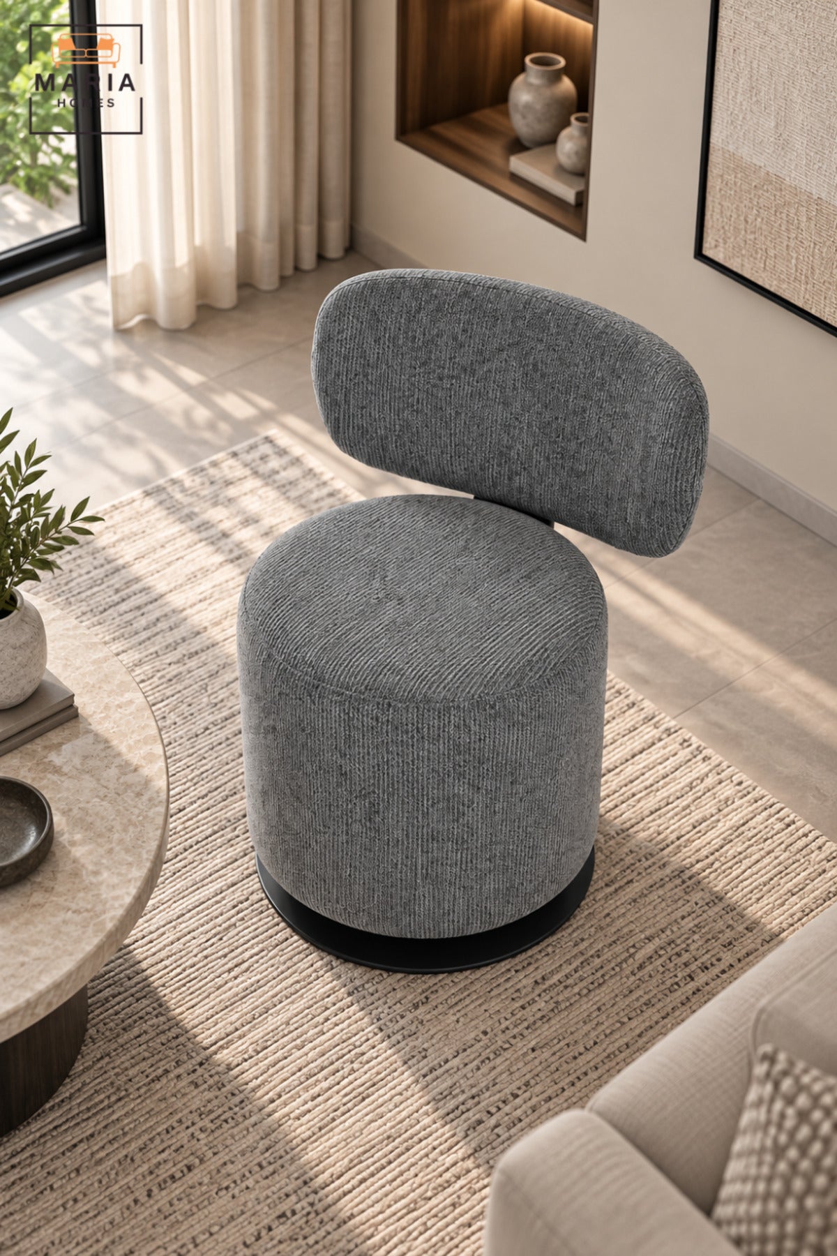 Modern 360° Swivel Arm Chair | Dark Grey Fabric Upholstered Accent Chair with Padded Seat, Curved Backrest & Black Round Base for Living Room