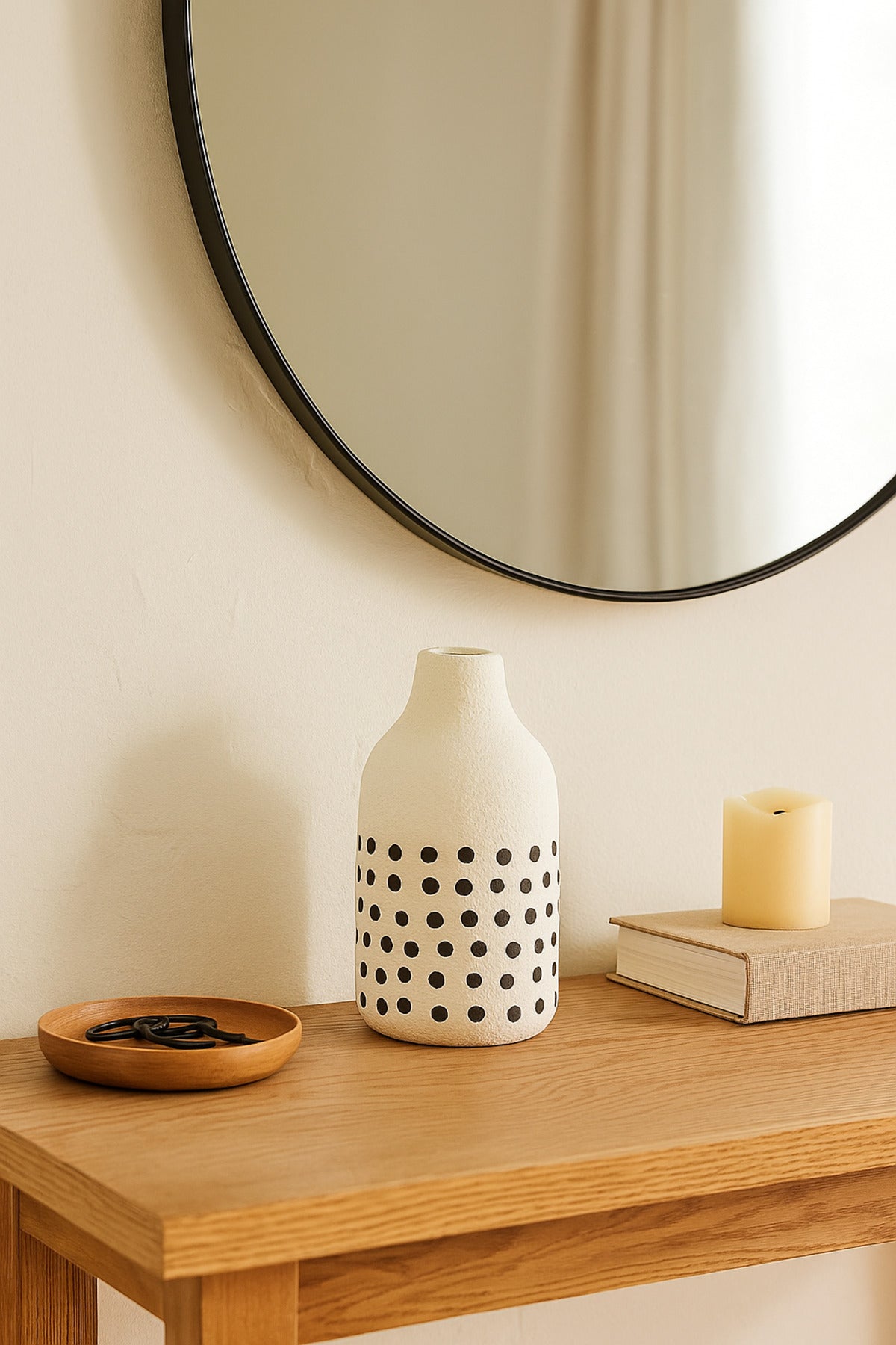 Natural White Ceramic Vase with Black Dots Ð Mini Cylinder Decorative Vase