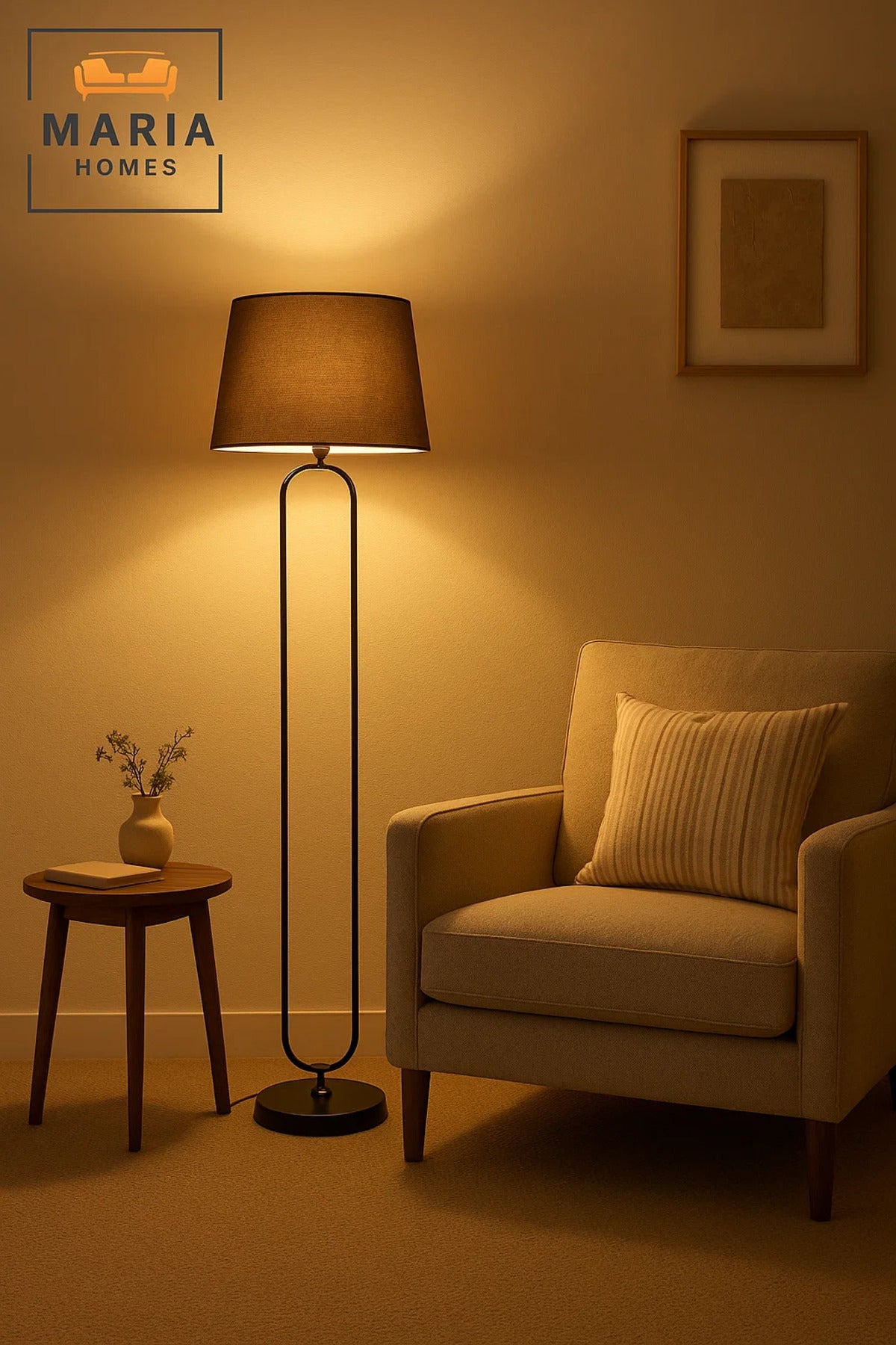 Modern Black Floor Lamp with Oval Frame and Fabric Shade