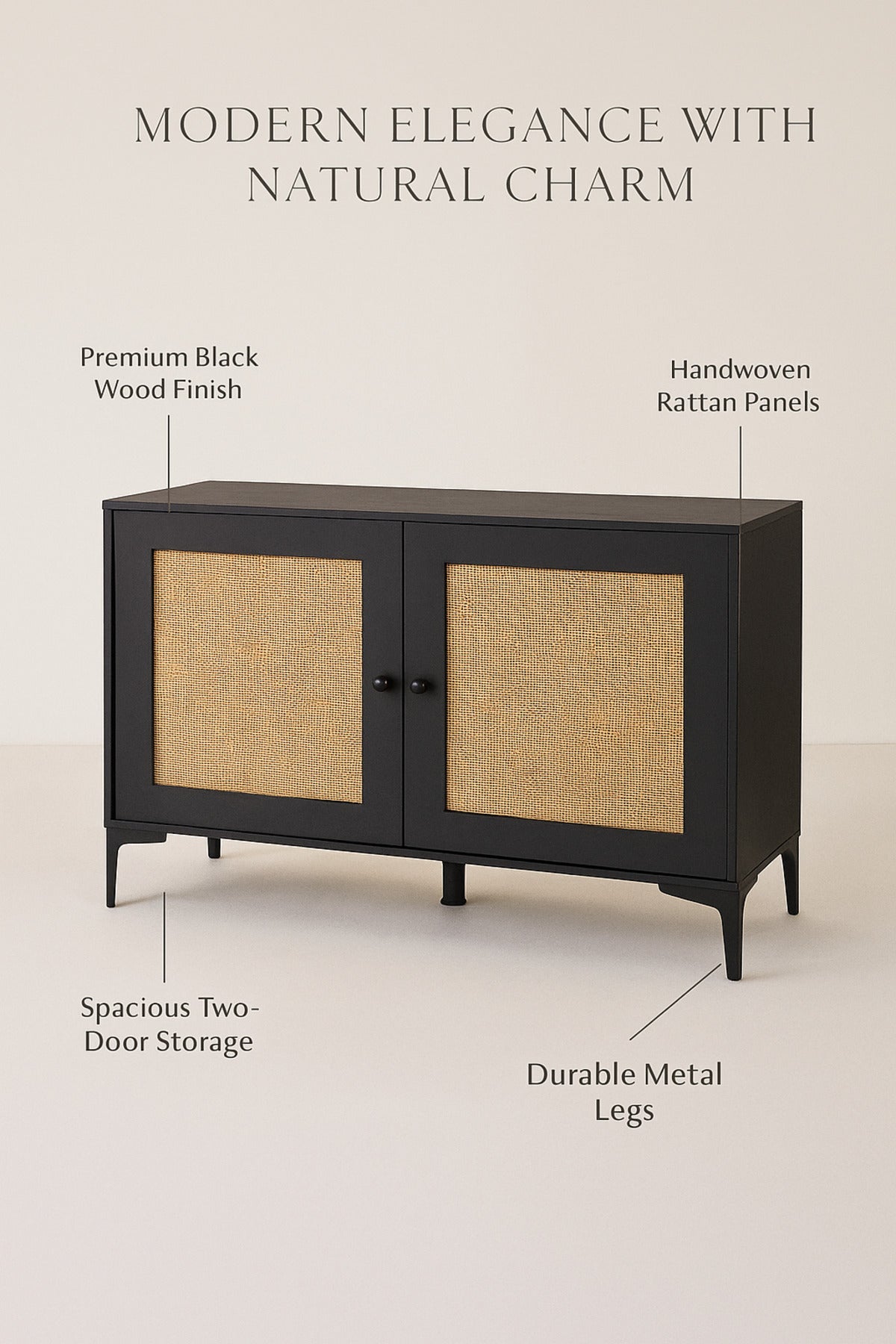 Black Rattan Console Table 120_40_85 cm Ð Modern Wooden Storage Cabinet with Cane Doors