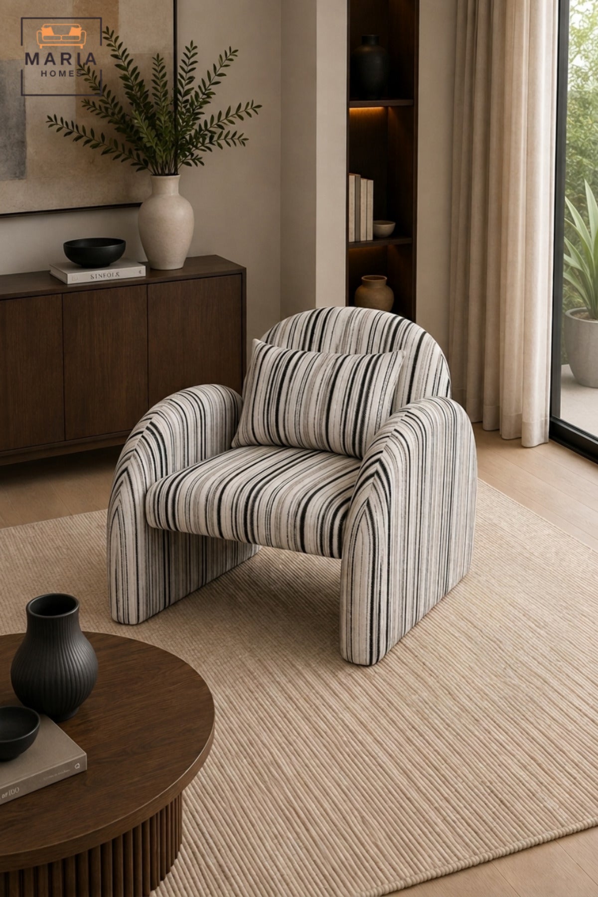 Modern Striped Upholstered Accent Chair with Curved Backrest, Rounded Arms & Cushion | Contemporary Lounge Chair for Living Room, Bedroom & Reception
