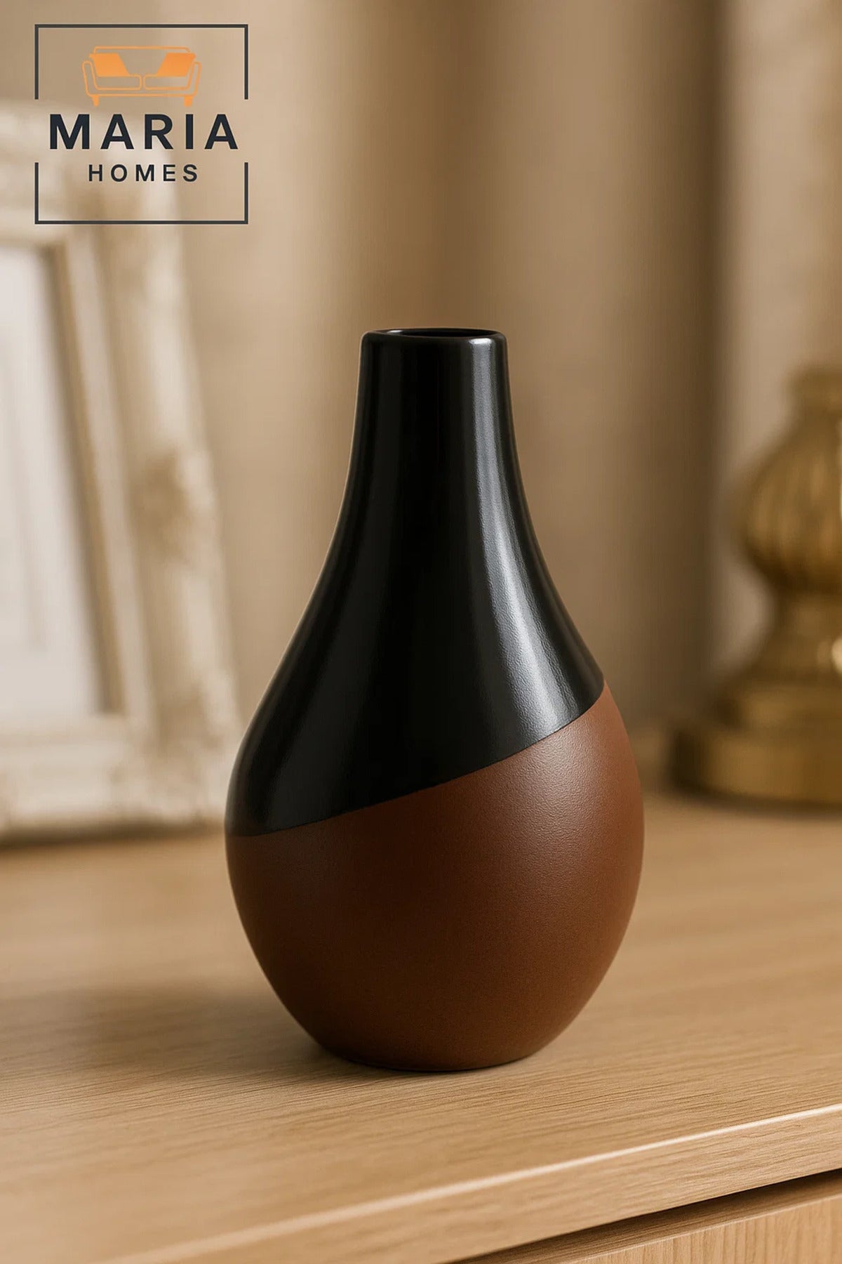 Modern Ceramic Vase with Glossy Black & Wood-Tone Base Ð Teardrop Shape