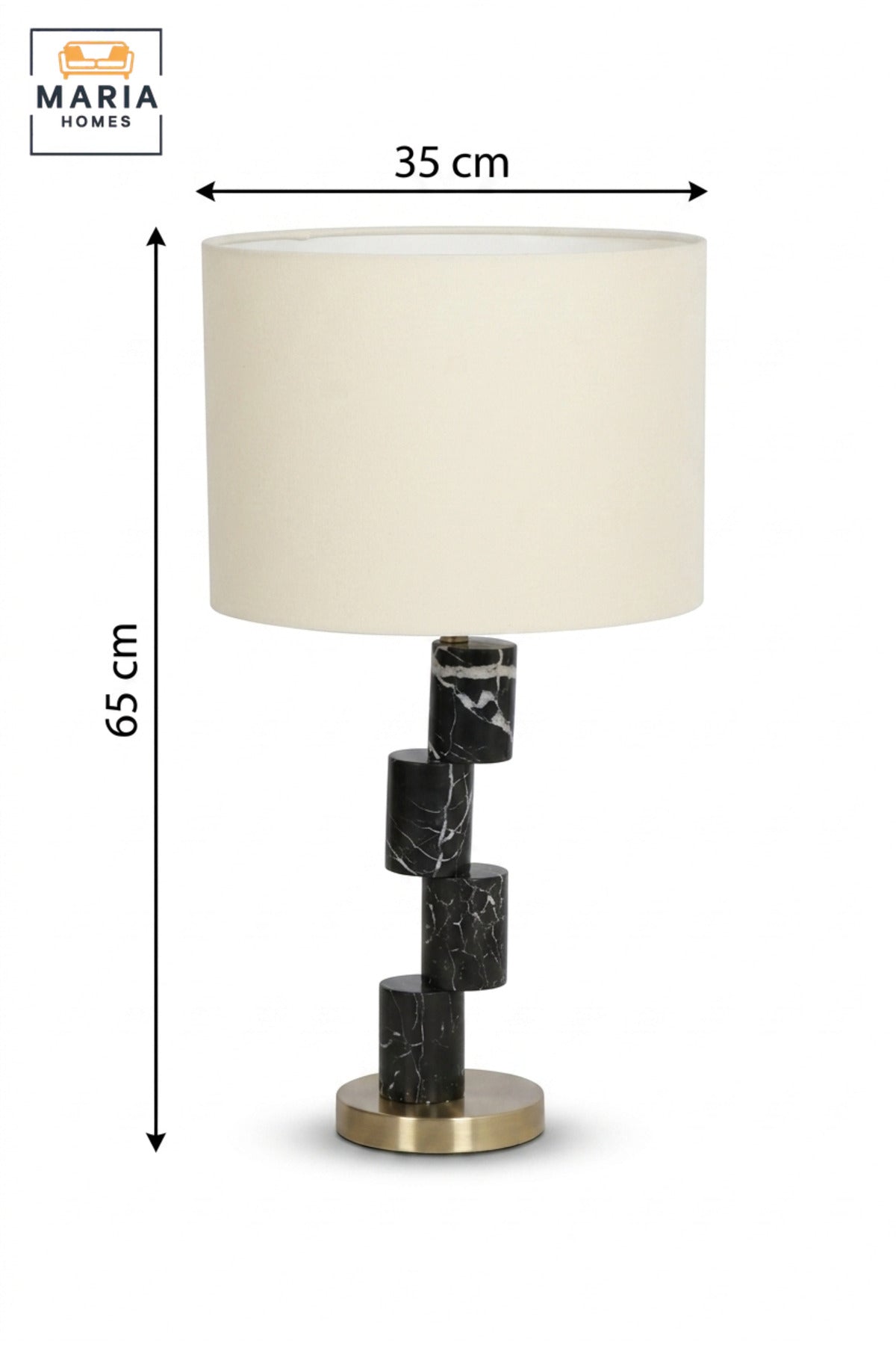 Modern Black Marble Effect Table Lamp with Geometric Column, White Fabric Drum Shade and Gold Base Decorative Bedside Light for Home and Office