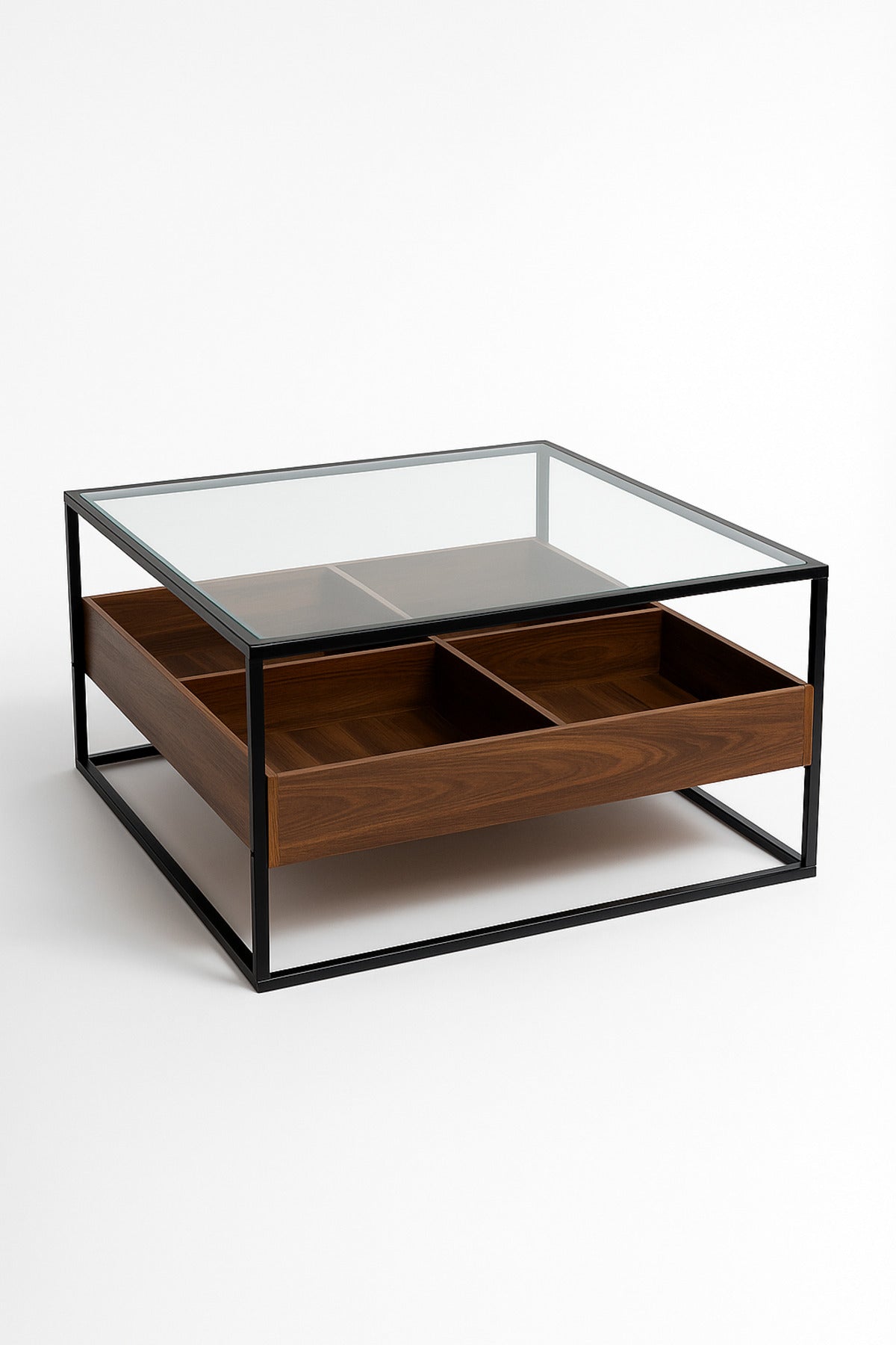 Modern Glass Coffee Table with Wooden Storage Compartments & Black Frame Ð 80x80x45cm