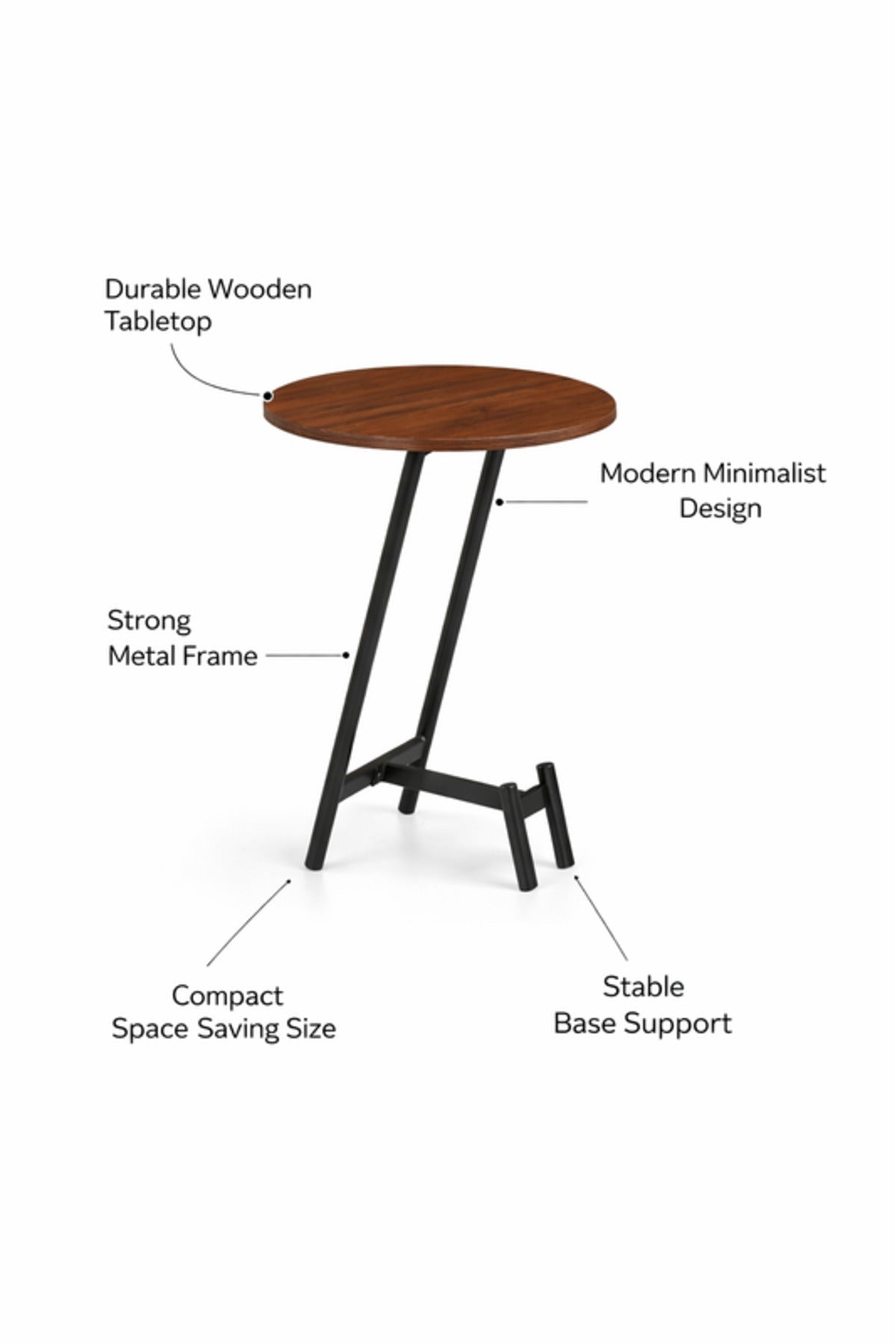 Stylish Brown Wood Side Table with Black Metal Base, 45x45x60 CM stylish brown wood