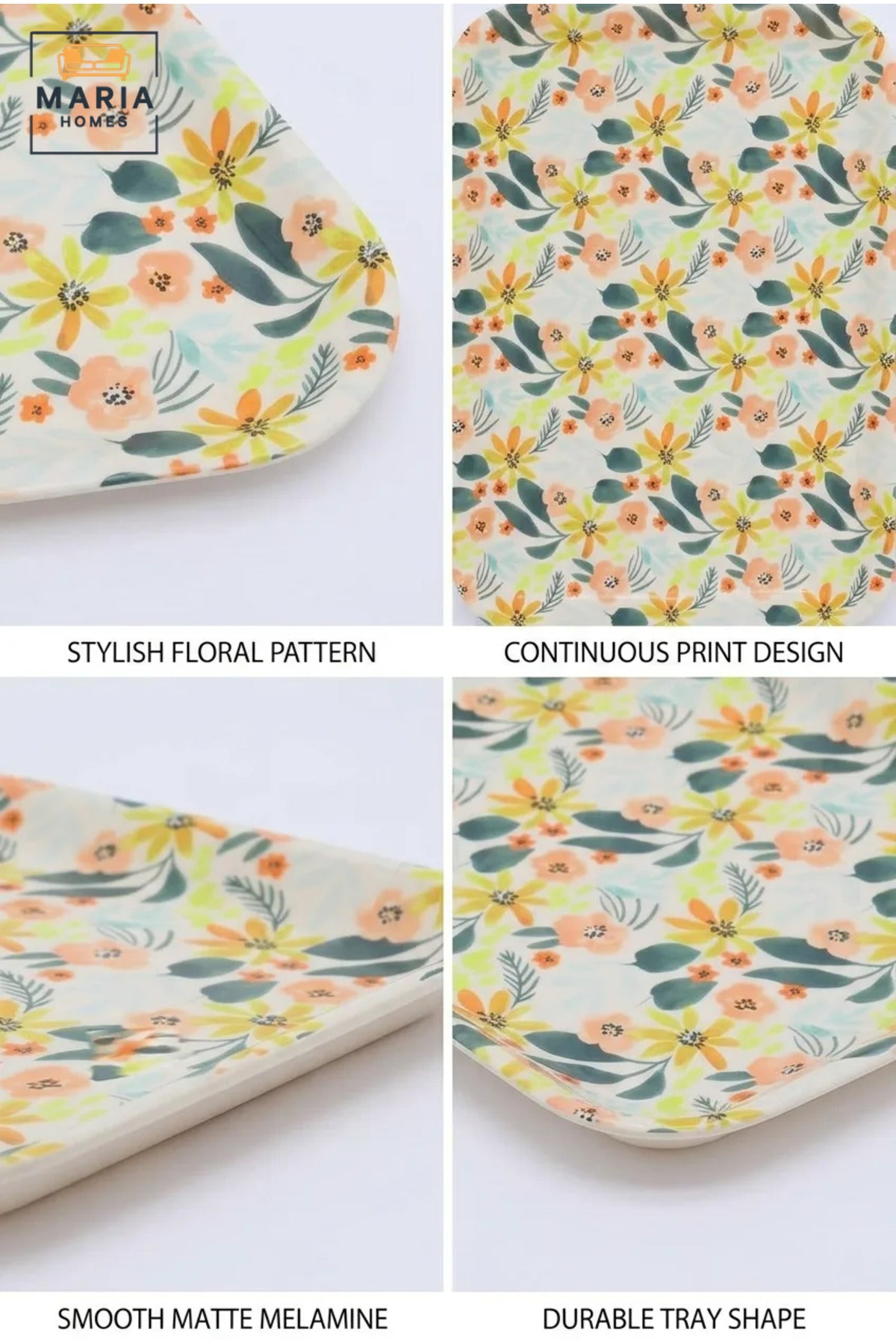 Rectangular Serving Tray with Floral Pattern, Raised Edges and Rounded Corners, Multipurpose Food Tray for Kitchen, Dining, Café and Restaurant