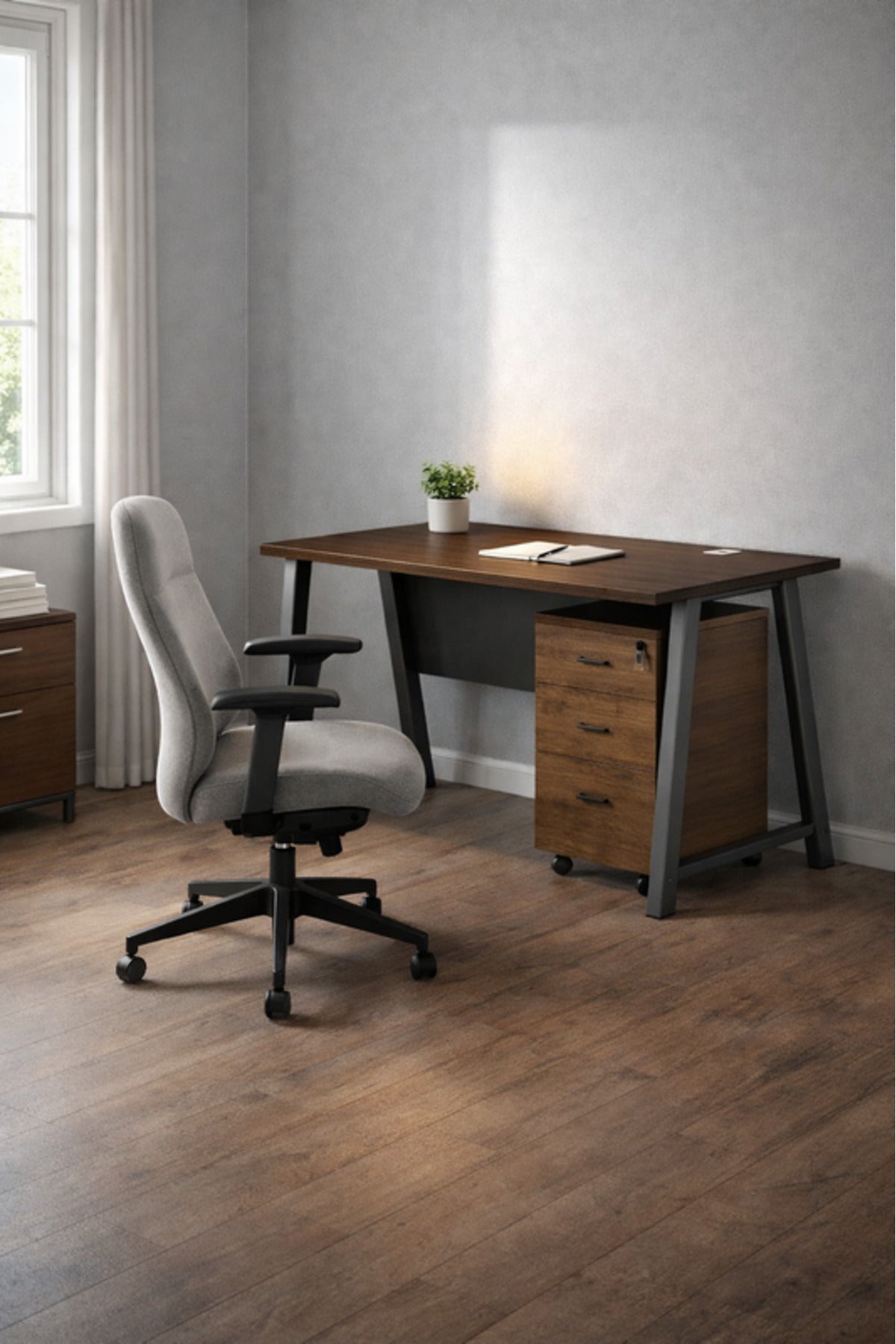 Modern Grey Executive Desk with Wooden Top and Storage Drawer √ê Sleek Work Desk