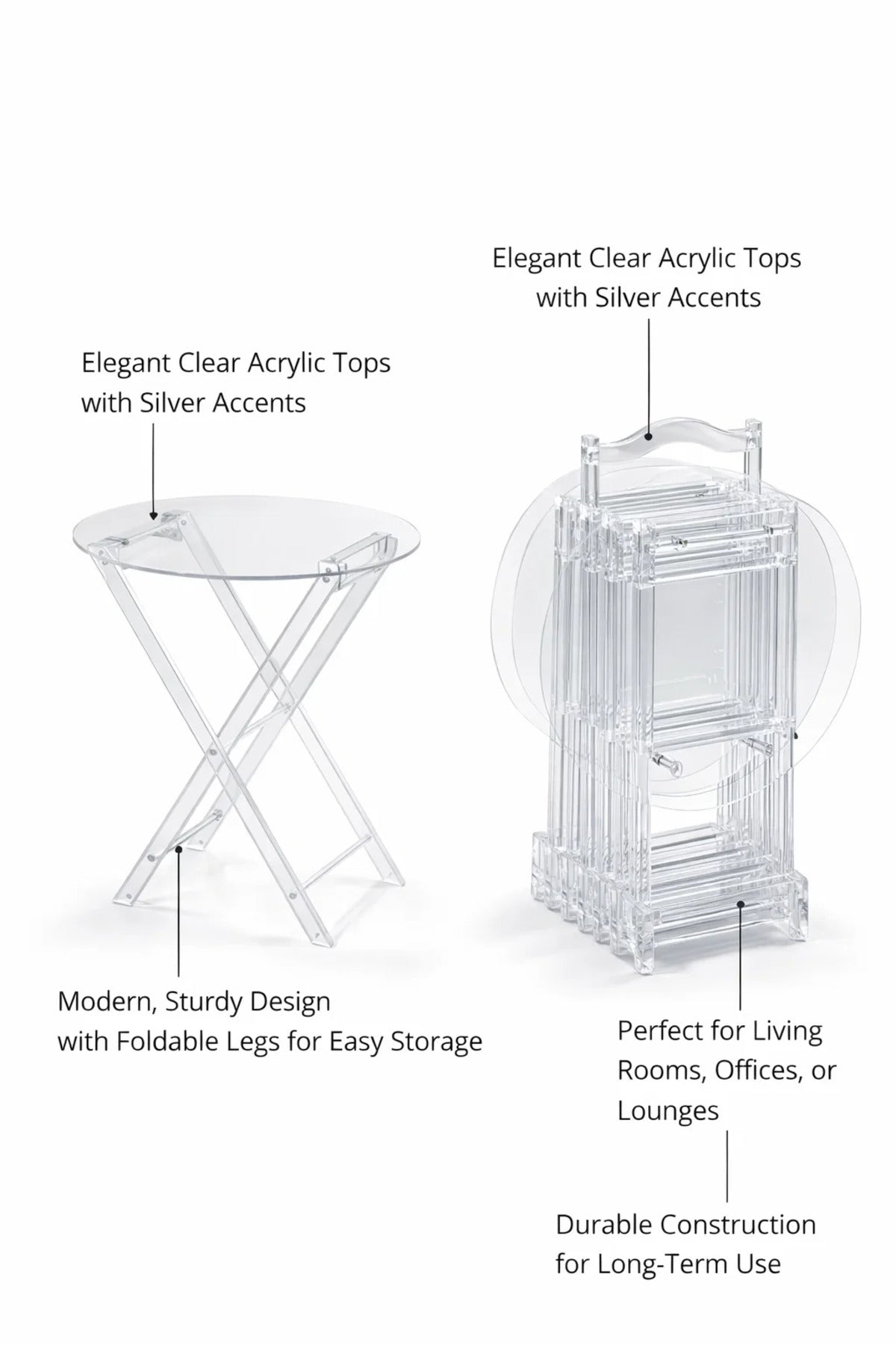 Modern Clear Acrylic Folding Side Table Set with Stand Transparent Tray Table for Living Rooms
