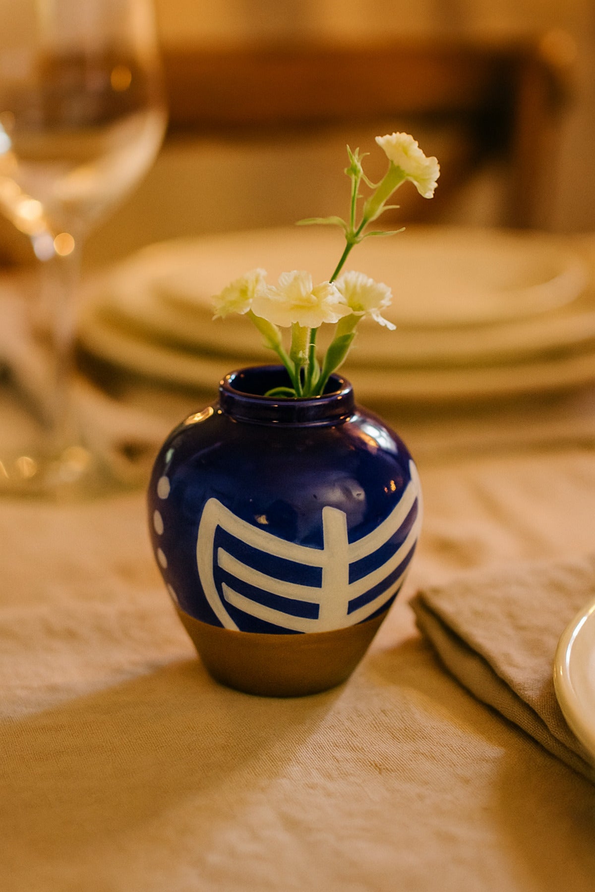 Dark Blue and White Ceramic Vase Ð Round Geometric Decorative Pot