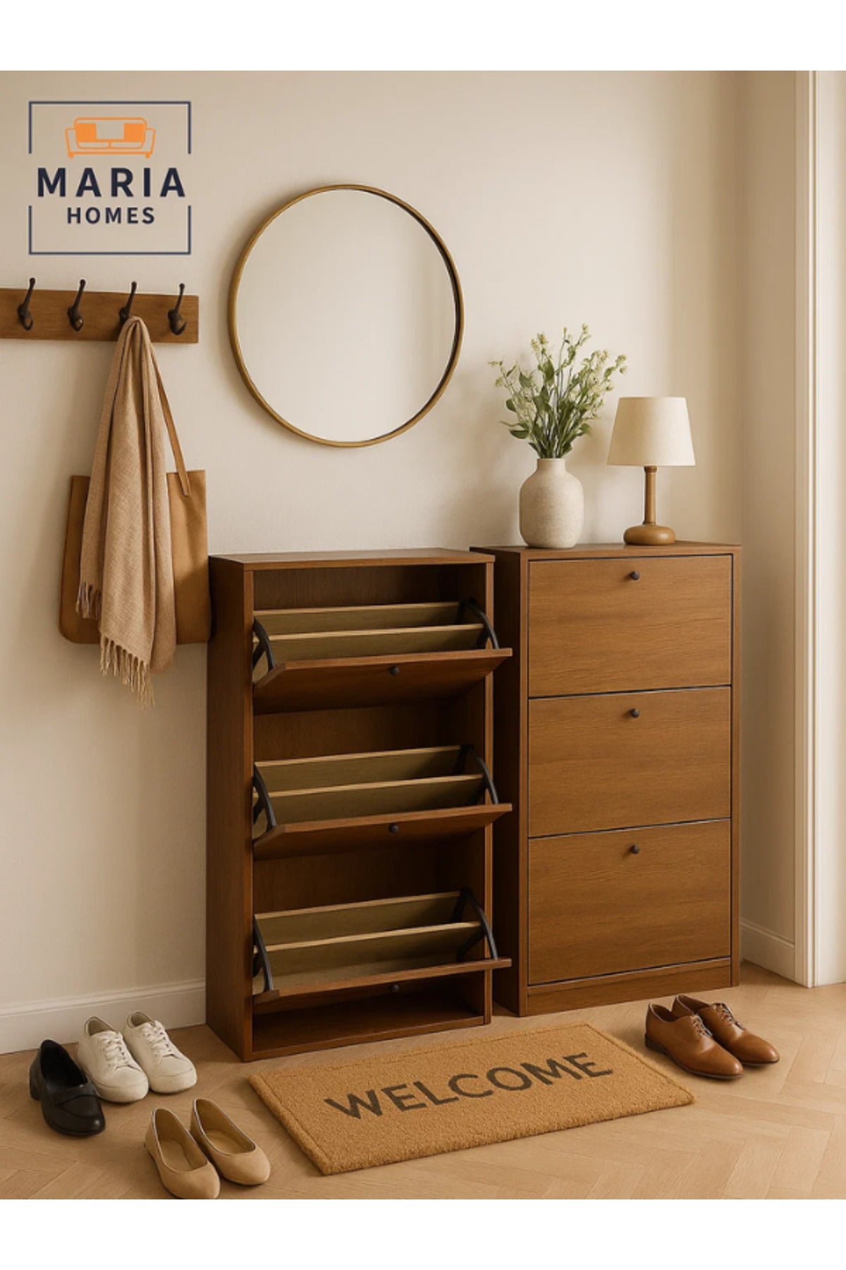Brown Wooden Shoe Cabinet Ð 3 Tier Flip Drawer Shoe Storage 62_25_120 cm