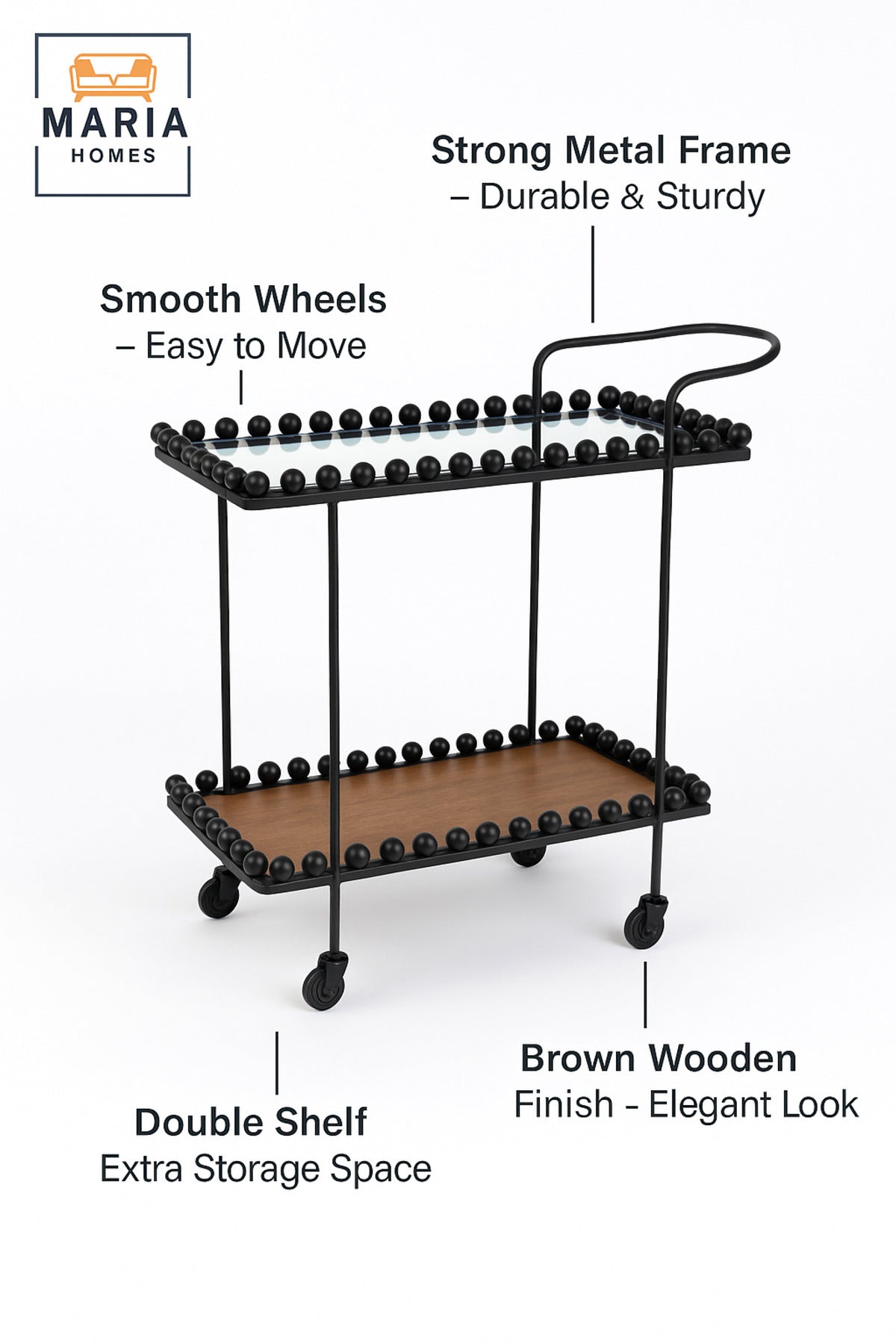 Serving Trolley with Wheels Ð Brown & Black Tea & Coffee Cart for Kitchen & Majlis (70_40_84 cm)