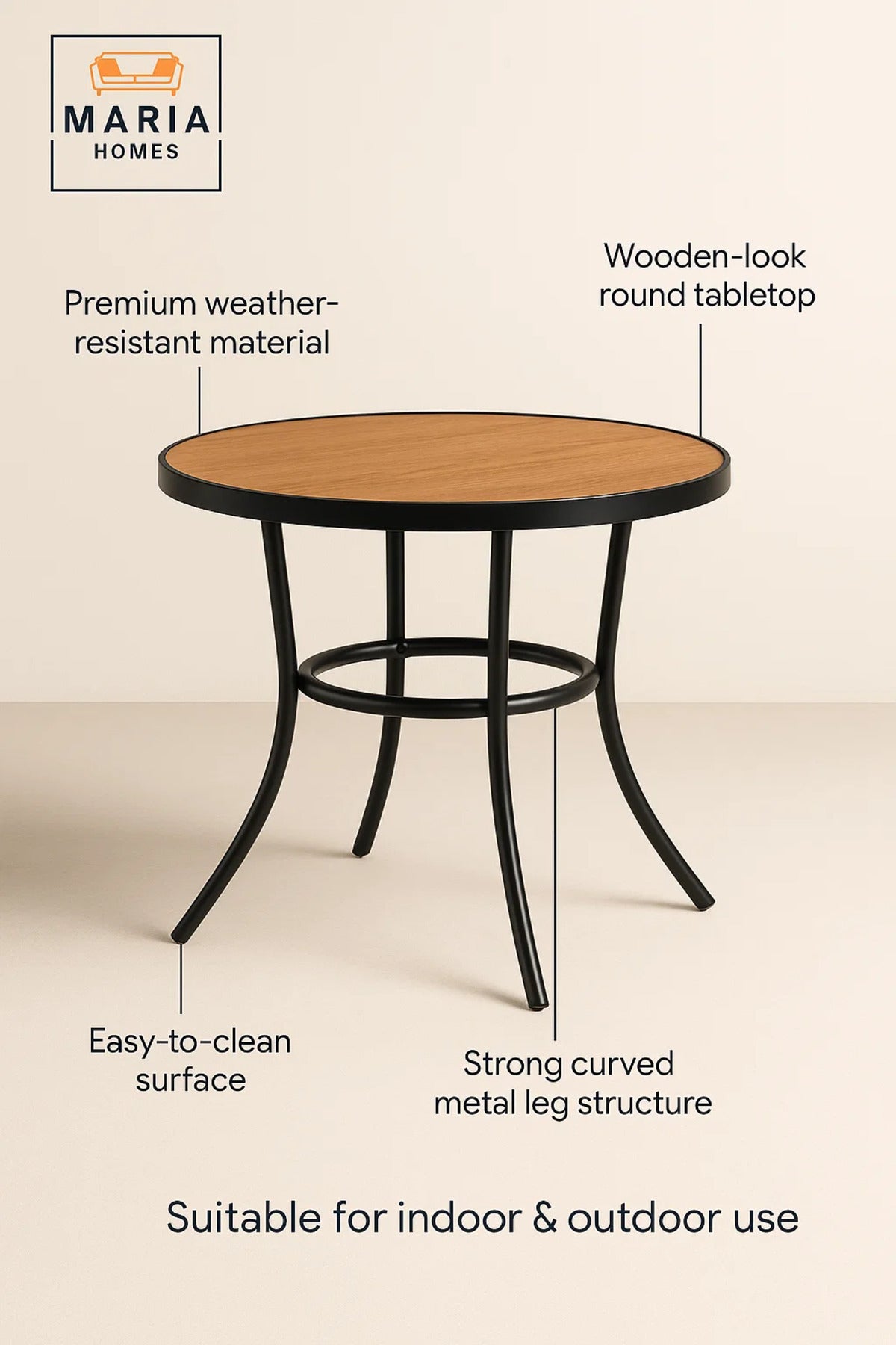 Modern Round Dining Table 70x70x75 | Wood Top Metal Frame | Outdoor Caf≈Ω Patio Furniture