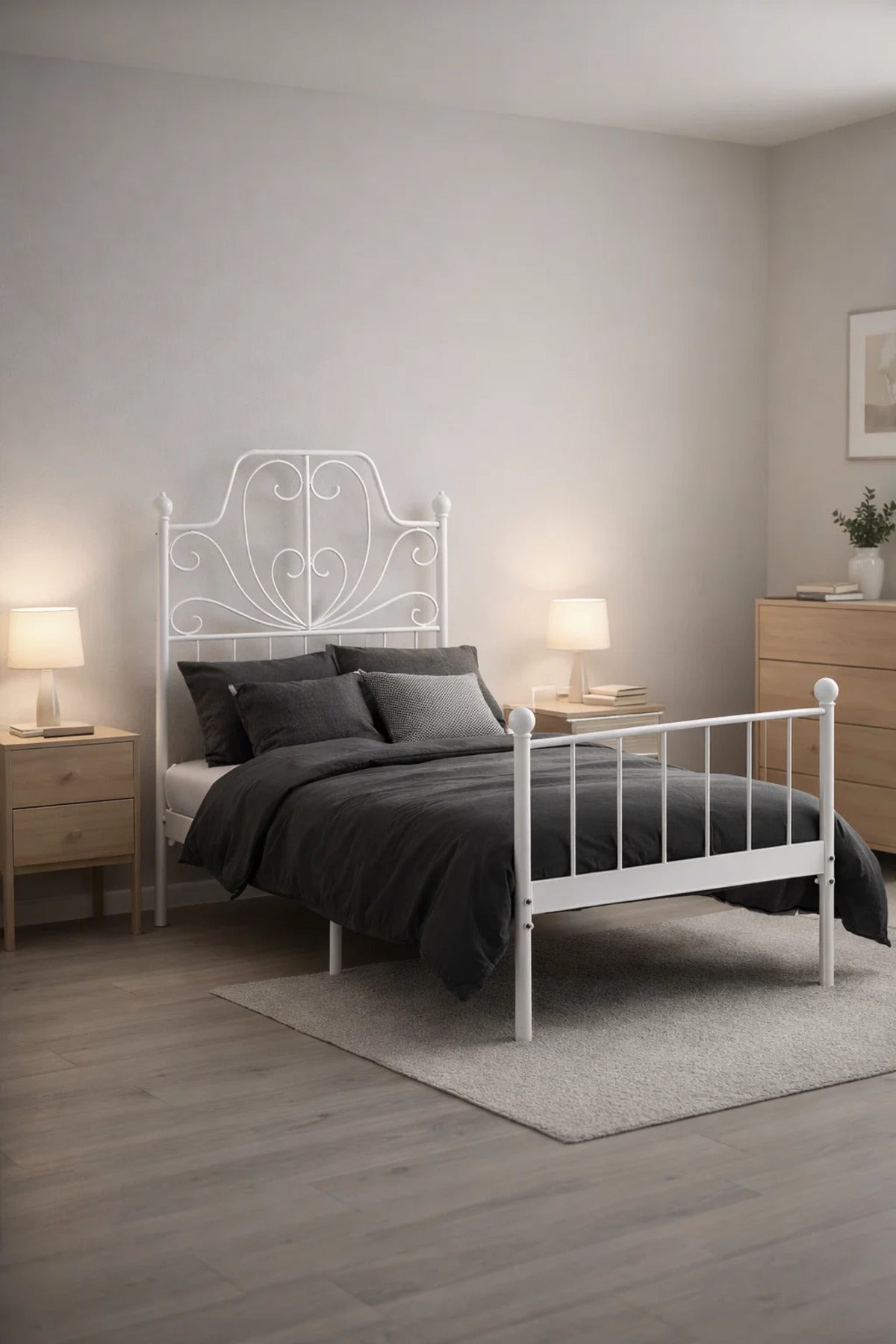 White Metal Bed Frame with Decorative Headboard WHITE (90*190 cm)