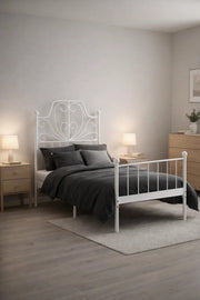 White Metal Bed Frame with Decorative Headboard WHITE (90*190 cm)