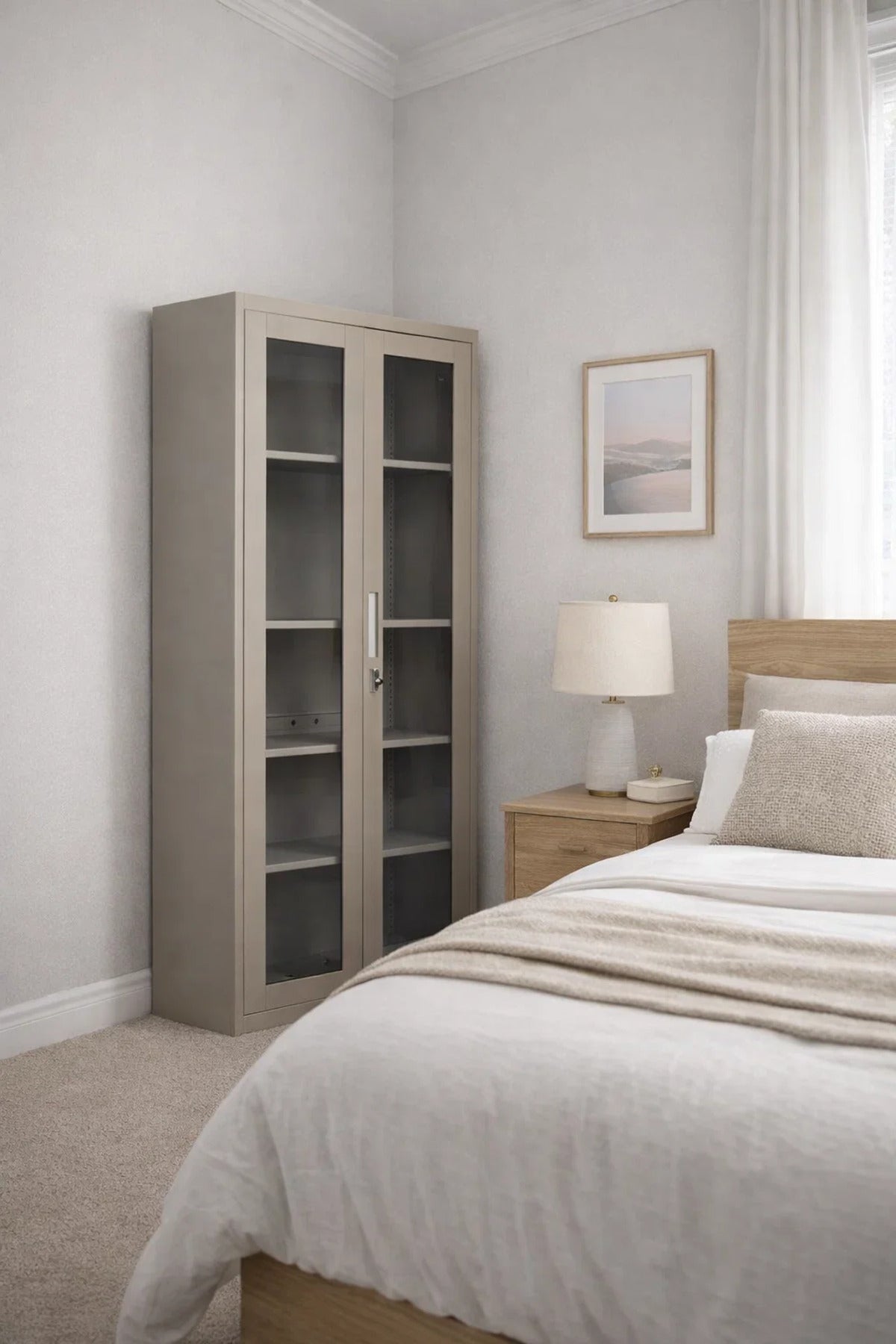 Premium Beige Metal Storage Cabinet with Glass Doors for Office Organization Secure Locking System