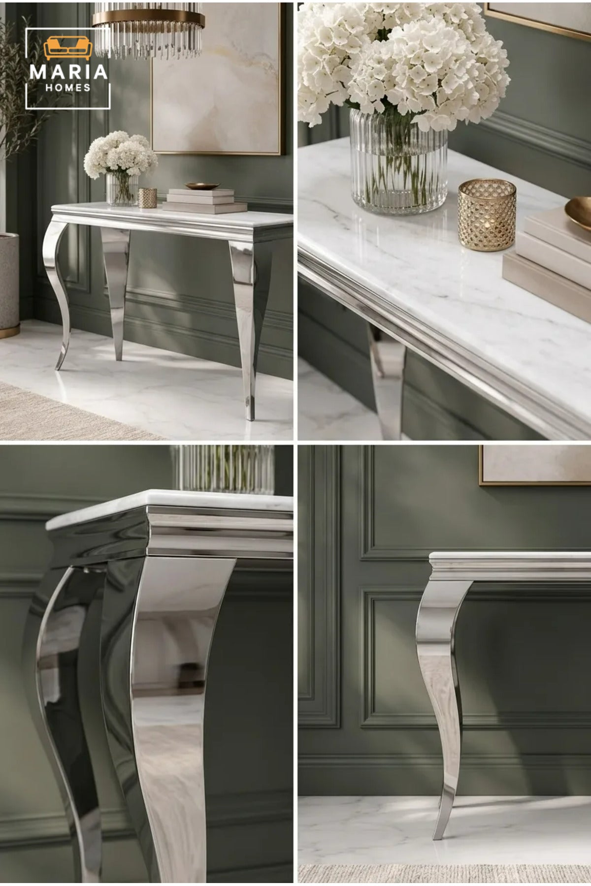 Luxury Silver Console Table with Marble Look Top √ê Modern Entryway & Hallway Accent Table