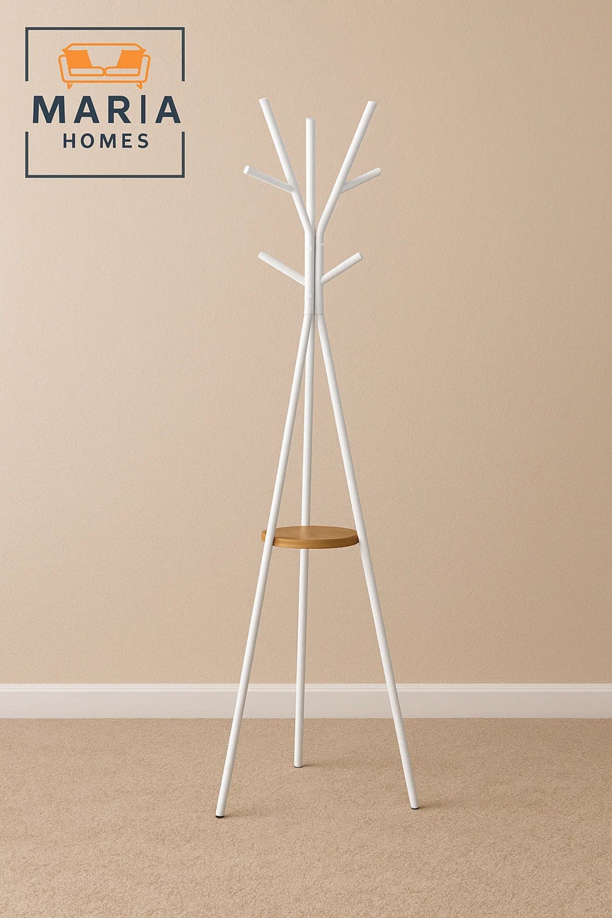 White Tripod Metal Coat Rack with Wooden Shelf