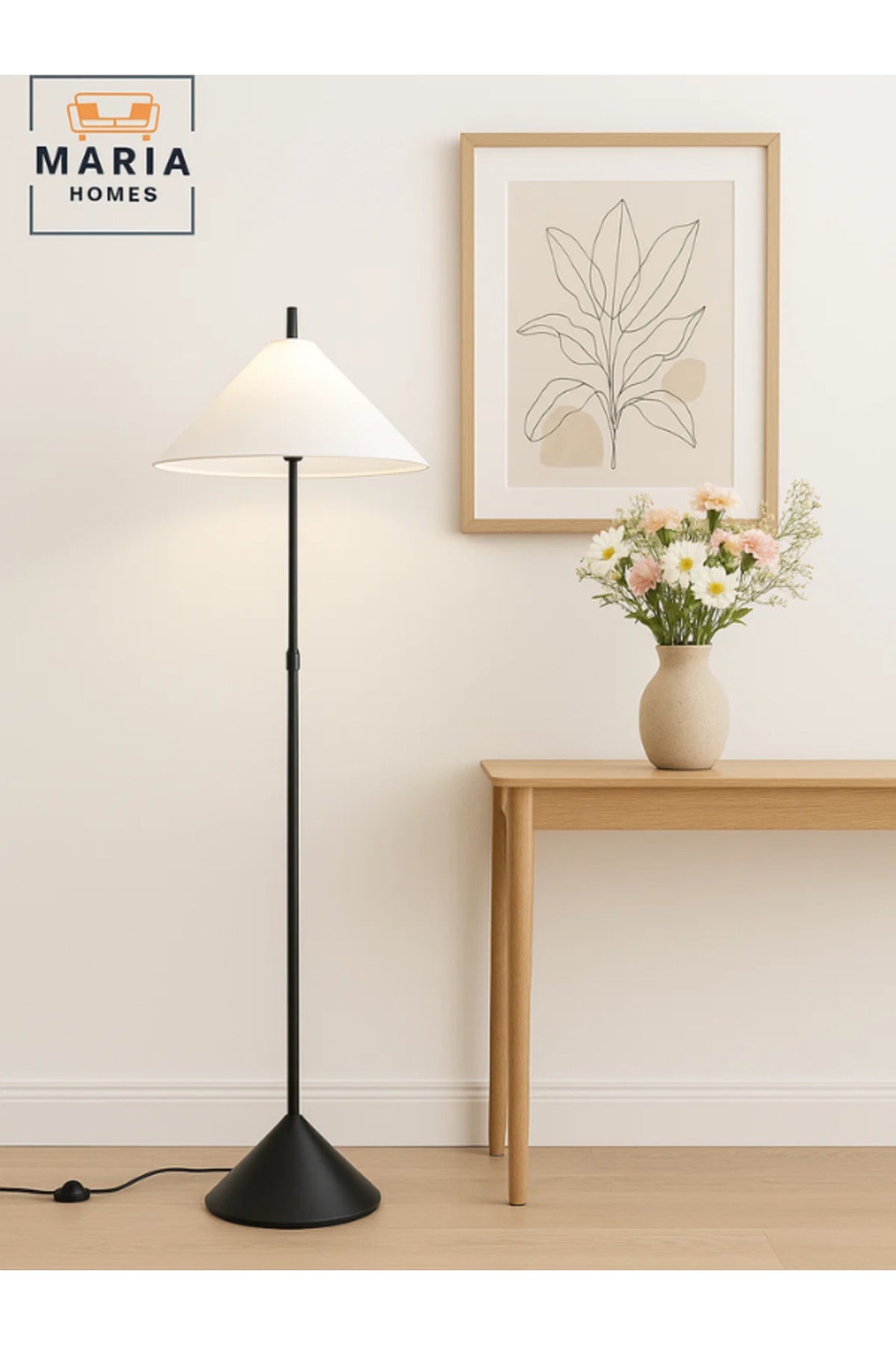 Modern Black Floor Lamp with White Conical Shade Ð Minimalist Standing Light