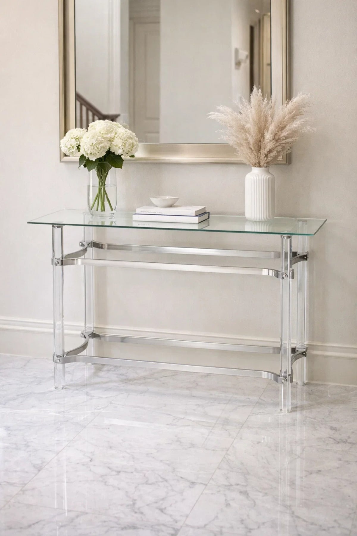 Modern Silver Chrome Acrylic Console Table Glass Top for Entryway Hallway Living Room Accent Decor