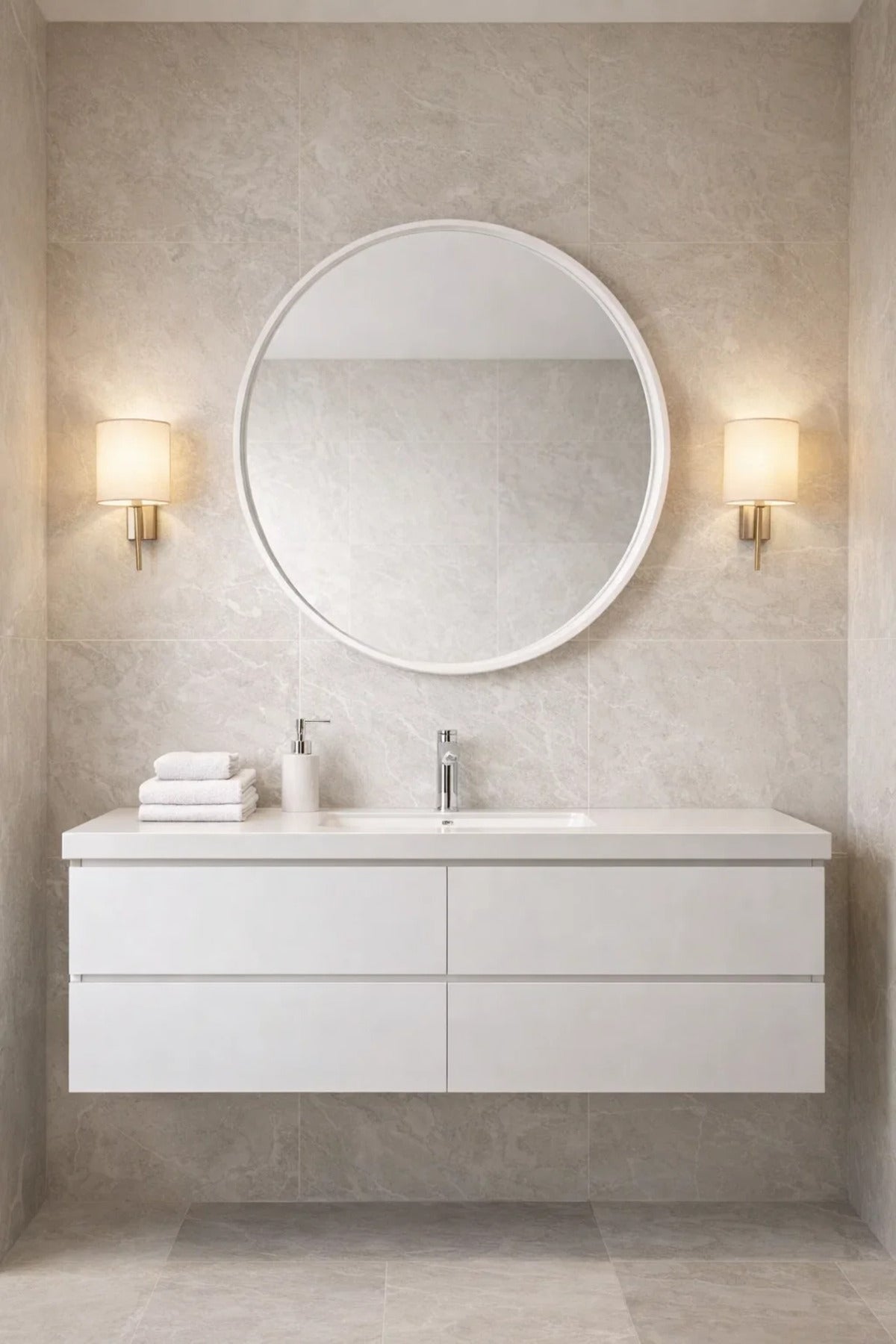 Modern White Round Wall Mirror 90cm Wooden Frame Circle Hanging for Living Room Bedroom Decor