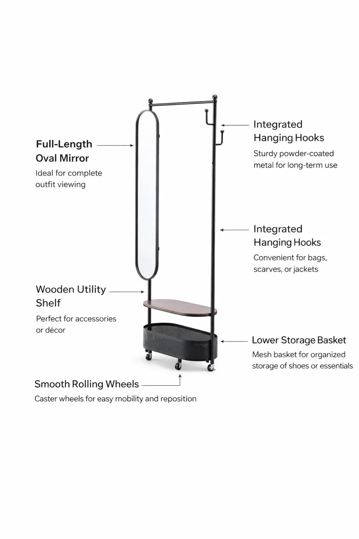Modern Mobile Coat Rack Stand with Oval Mirror Shelf and Basket Storage for Hallway Organization