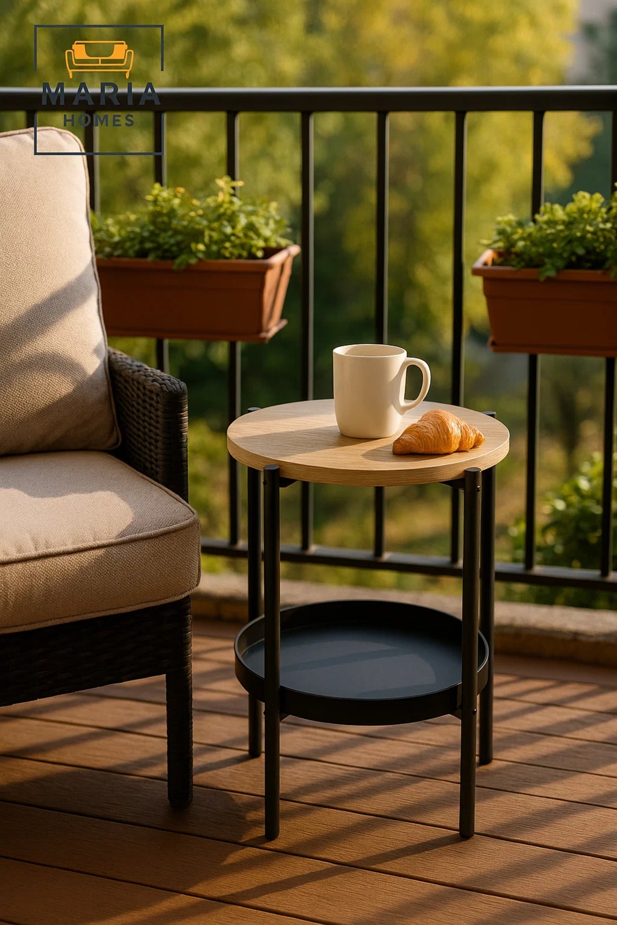 Modern Wood Side Table √ê Round Coffee Table with Black Storage Shelf 40_40_55 cm