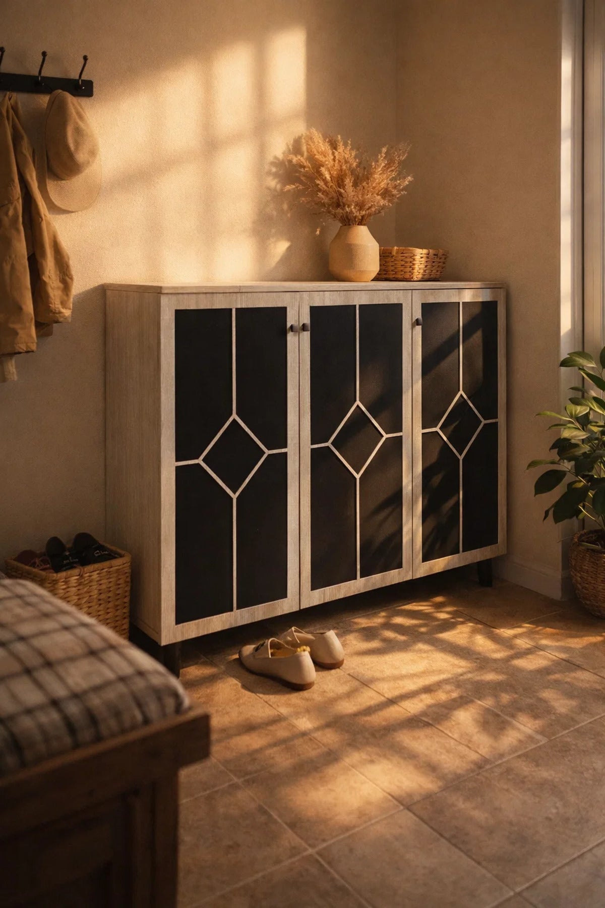 Stylish 3-Door Shoe Storage Cabinet Geometric Design Beige and Black Wood for Modern Hallways