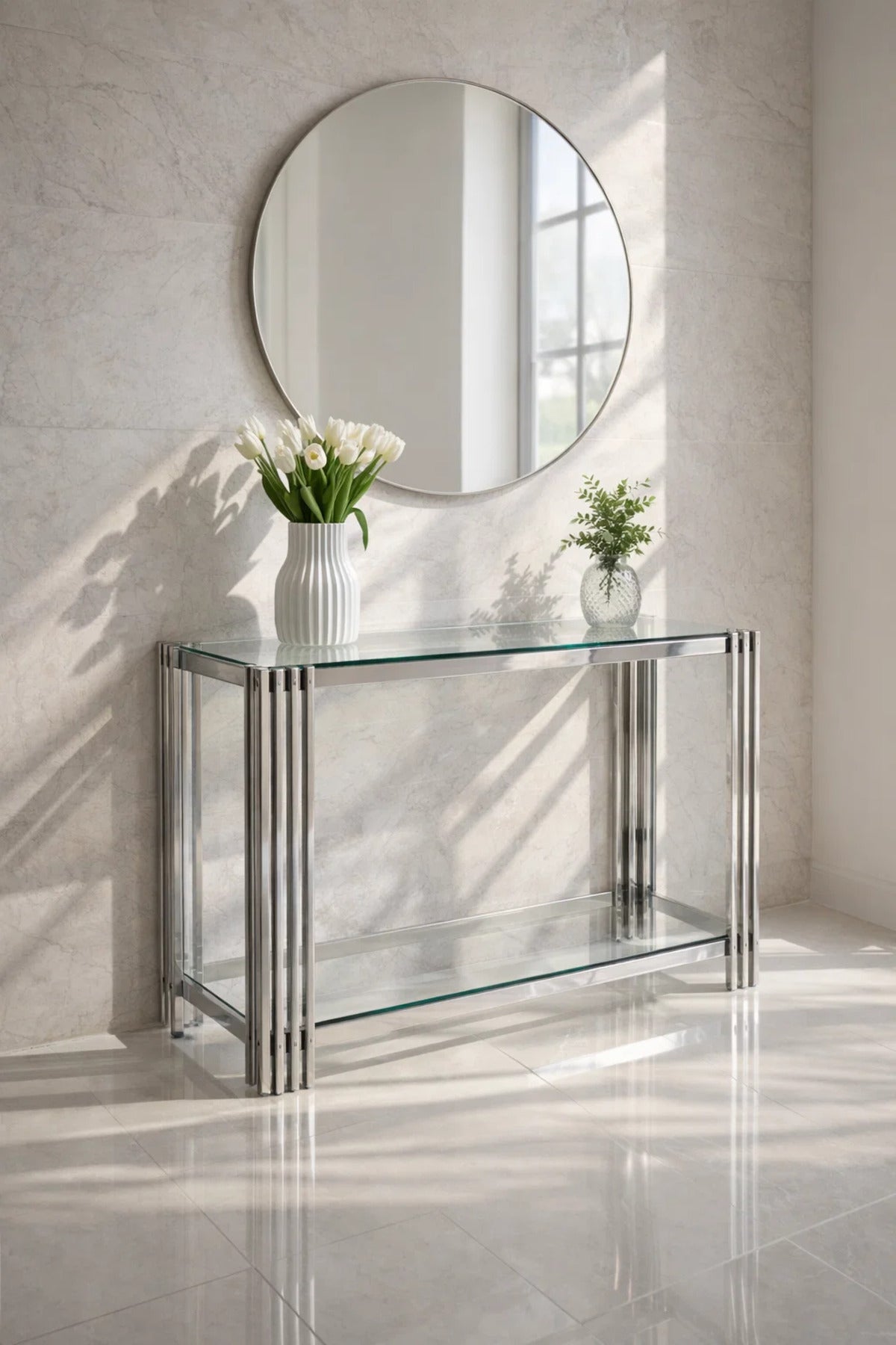 Luxury Silver Console Table with Glass Top for Entryway & Living Room