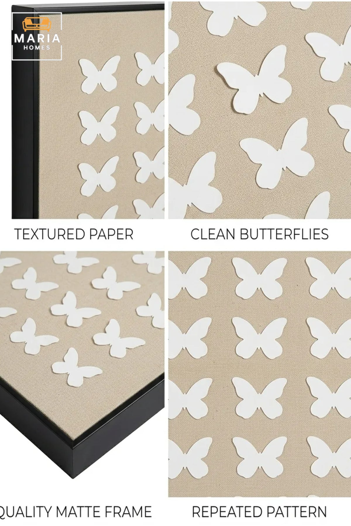 Modern Butterfly Textured Wall Art with Slim Black Frame, White Pattern on Neutral Beige Canvas for Living Room, Bedroom, Hallway and Office Décor