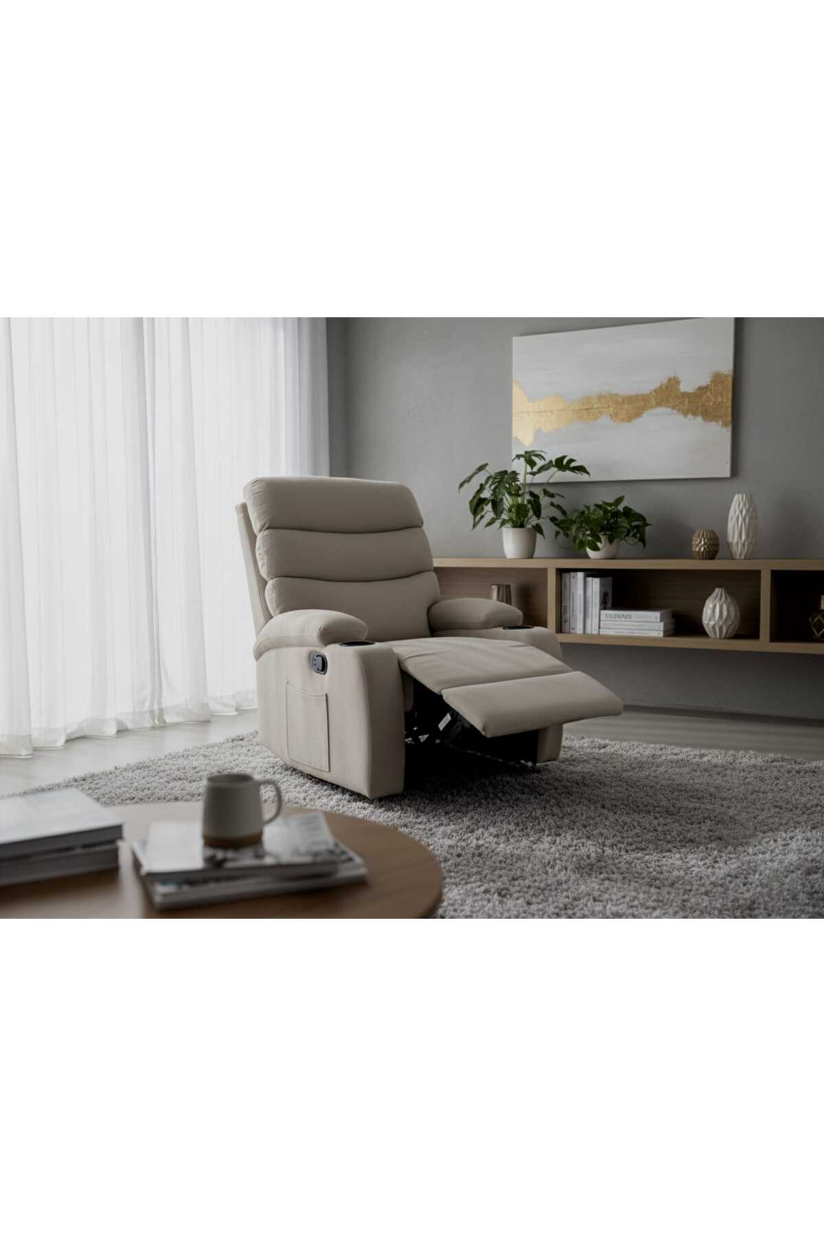Beige recliner chair with cup holders - soft fabric, sturdy and reclining