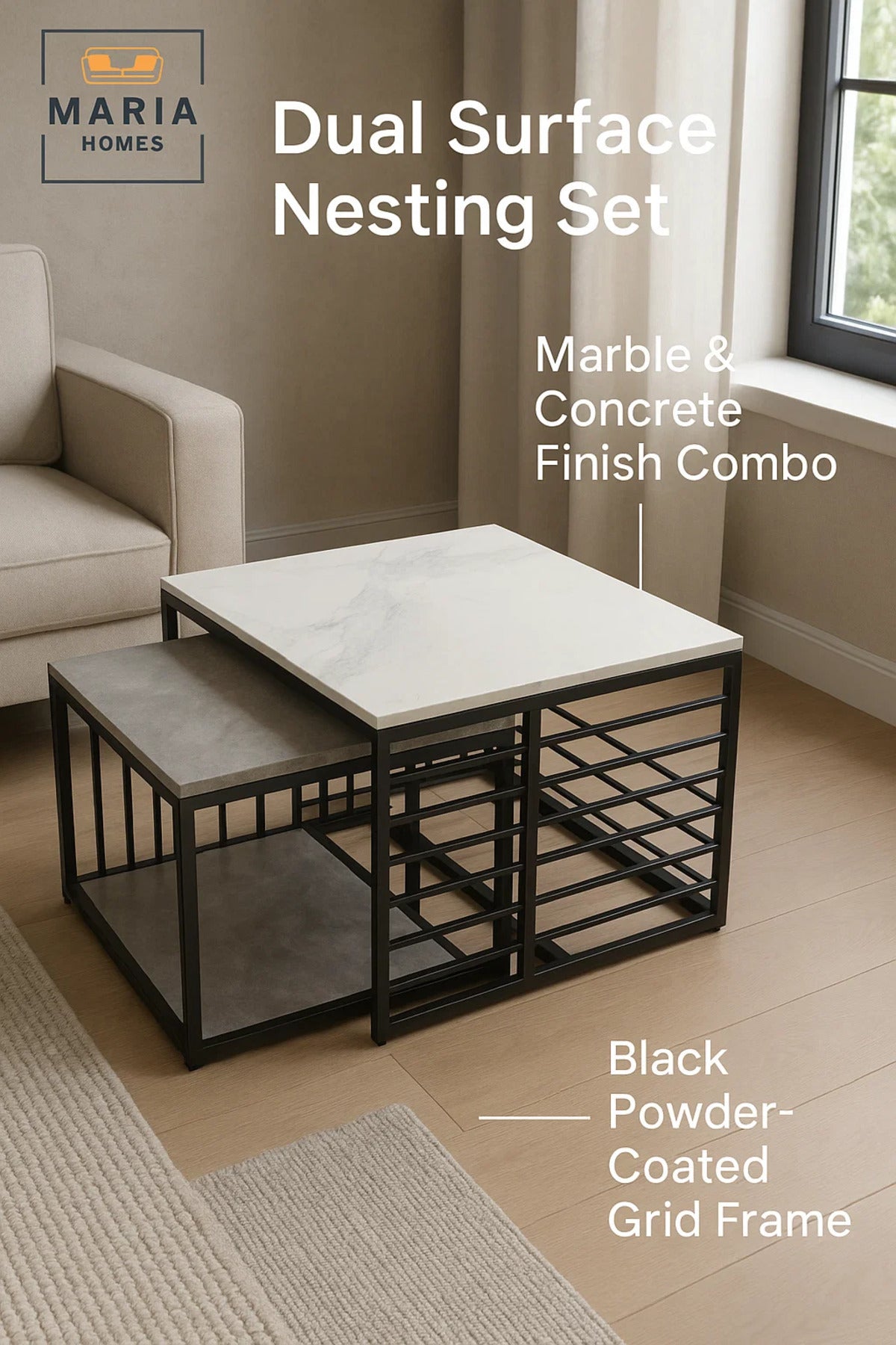 Modern Nesting Coffee Table Set Ð Marble Top with Black Metal Cage Frame