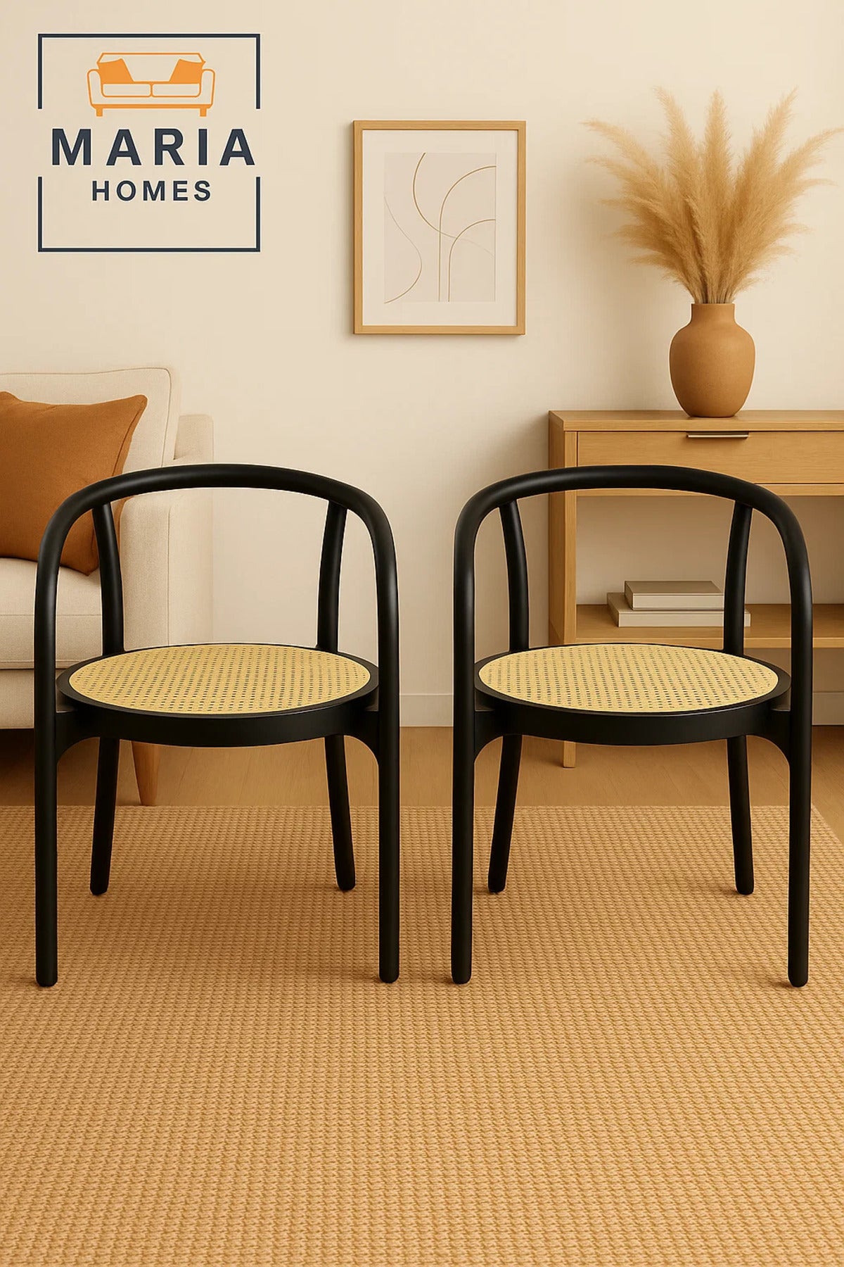 Modern Black Cane Armchair Ð Round Back Wood Chair with Woven Rattan Seat for Dining or Lounge