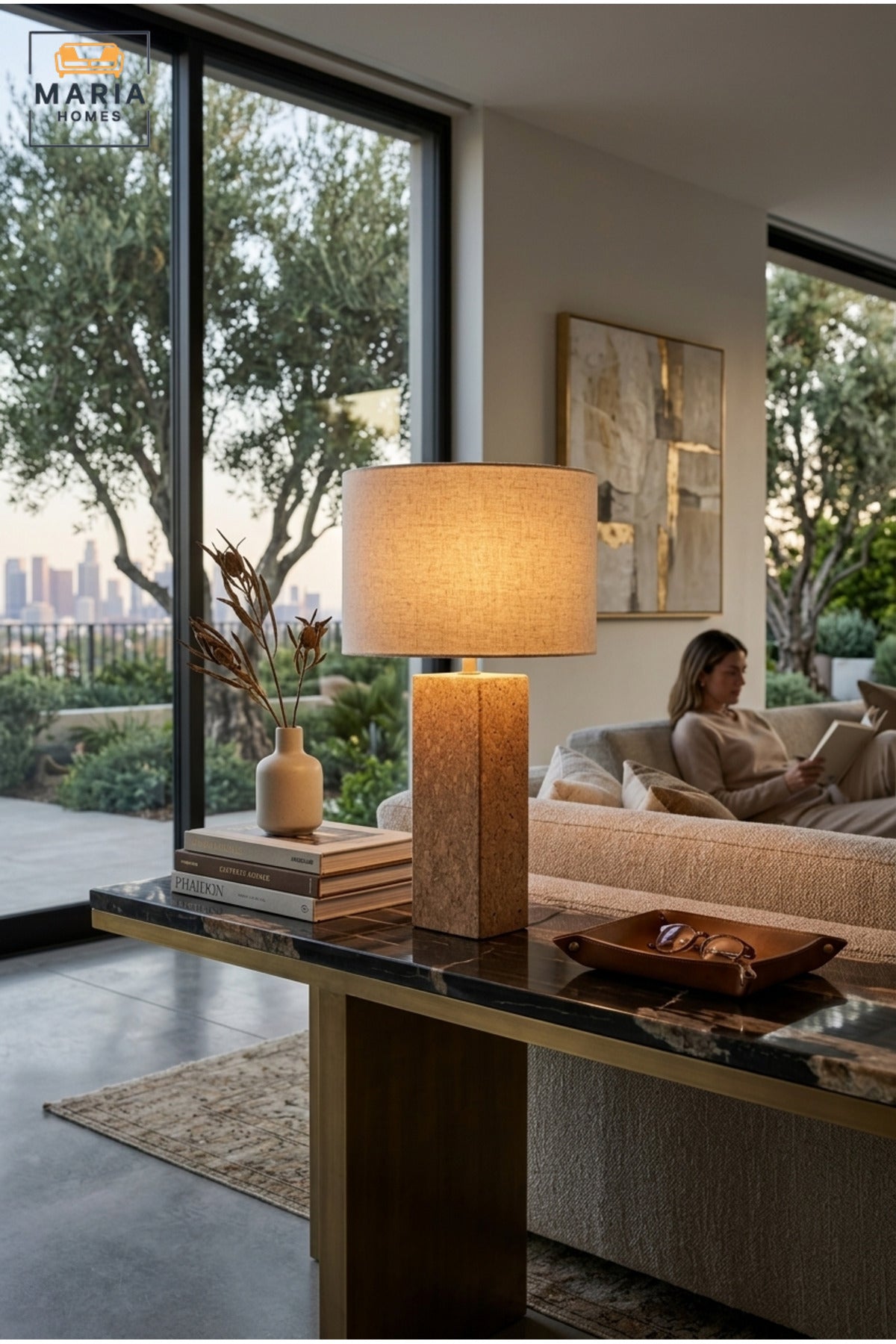Modern Cork Table Lamp with Beige Drum Fabric Shade and Slim Rectangular Textured Base for Bedroom, Living Room, Office, Hotel and Bedside Décor