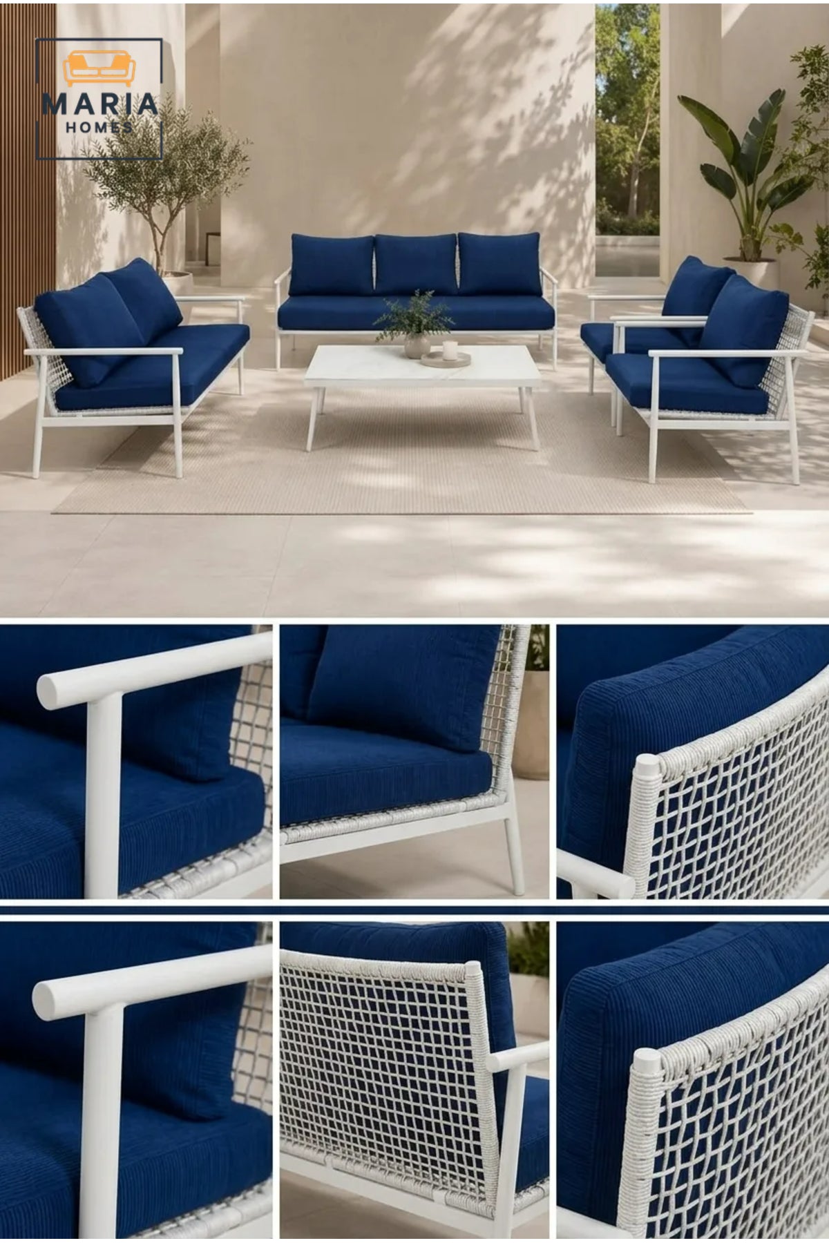 5-Piece Outdoor Patio Conversation Set with Navy Blue Cushions & White Aluminum Frame √ê Modern Garden Lounge Furniture