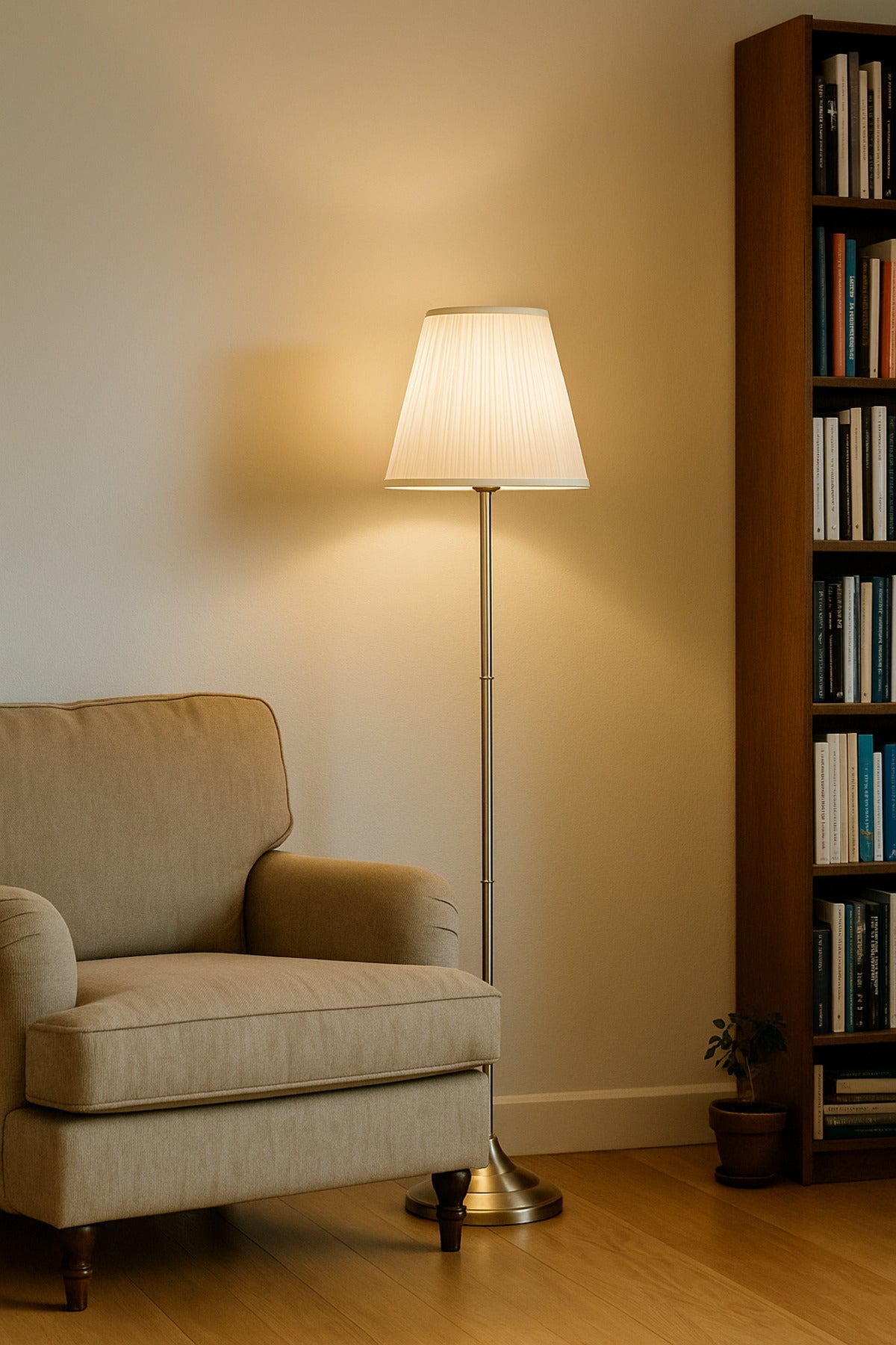 Modern Brass Floor Lamp Ð Fixed Metal Stand with White Fabric Shade for Living Room & Bedroom