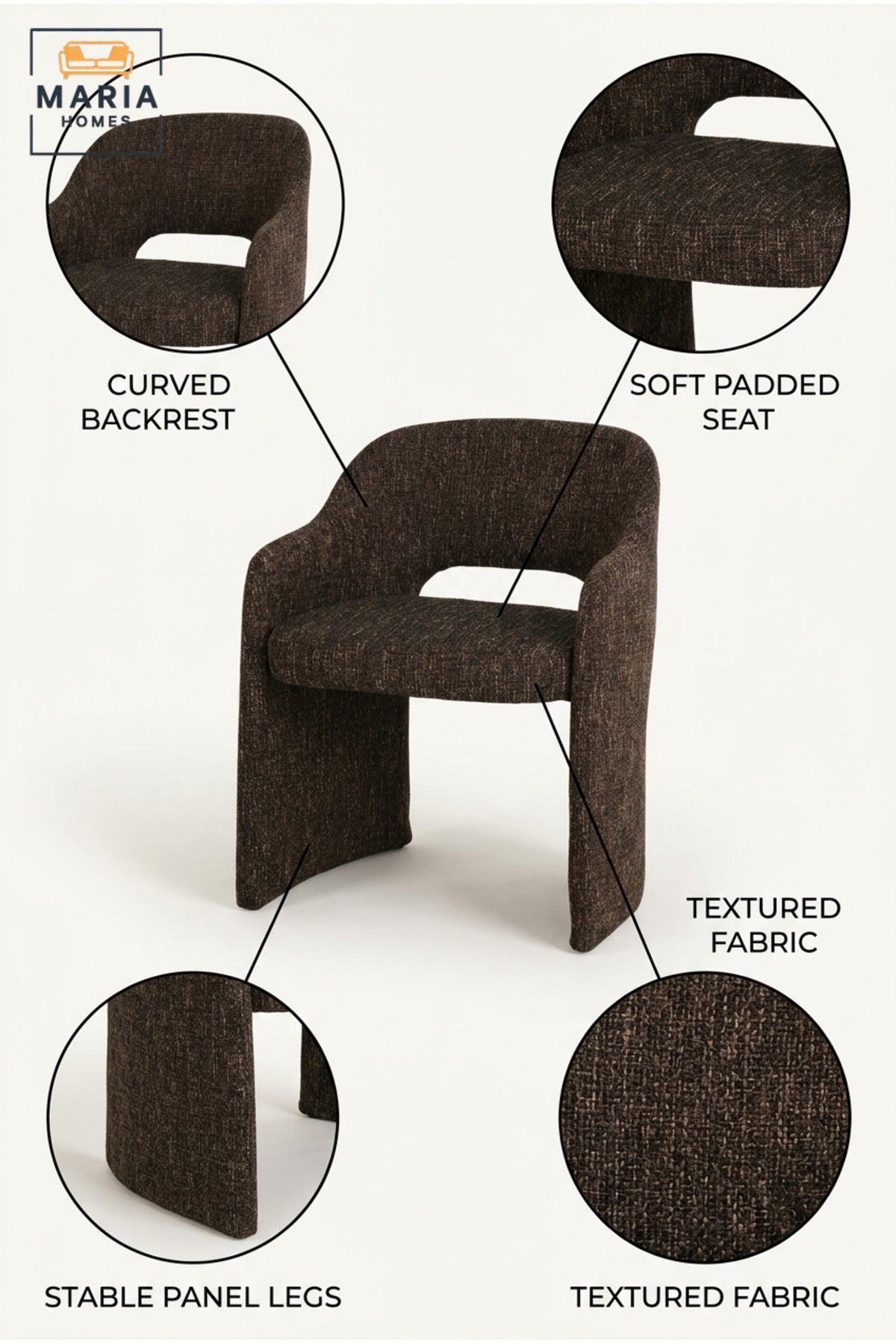 Modern Brown Fabric Accent Chair with Curved Backrest, Integrated Armrests, Open Back & Padded Seat, Contemporary Dining Lounge Chair for Living Room Office