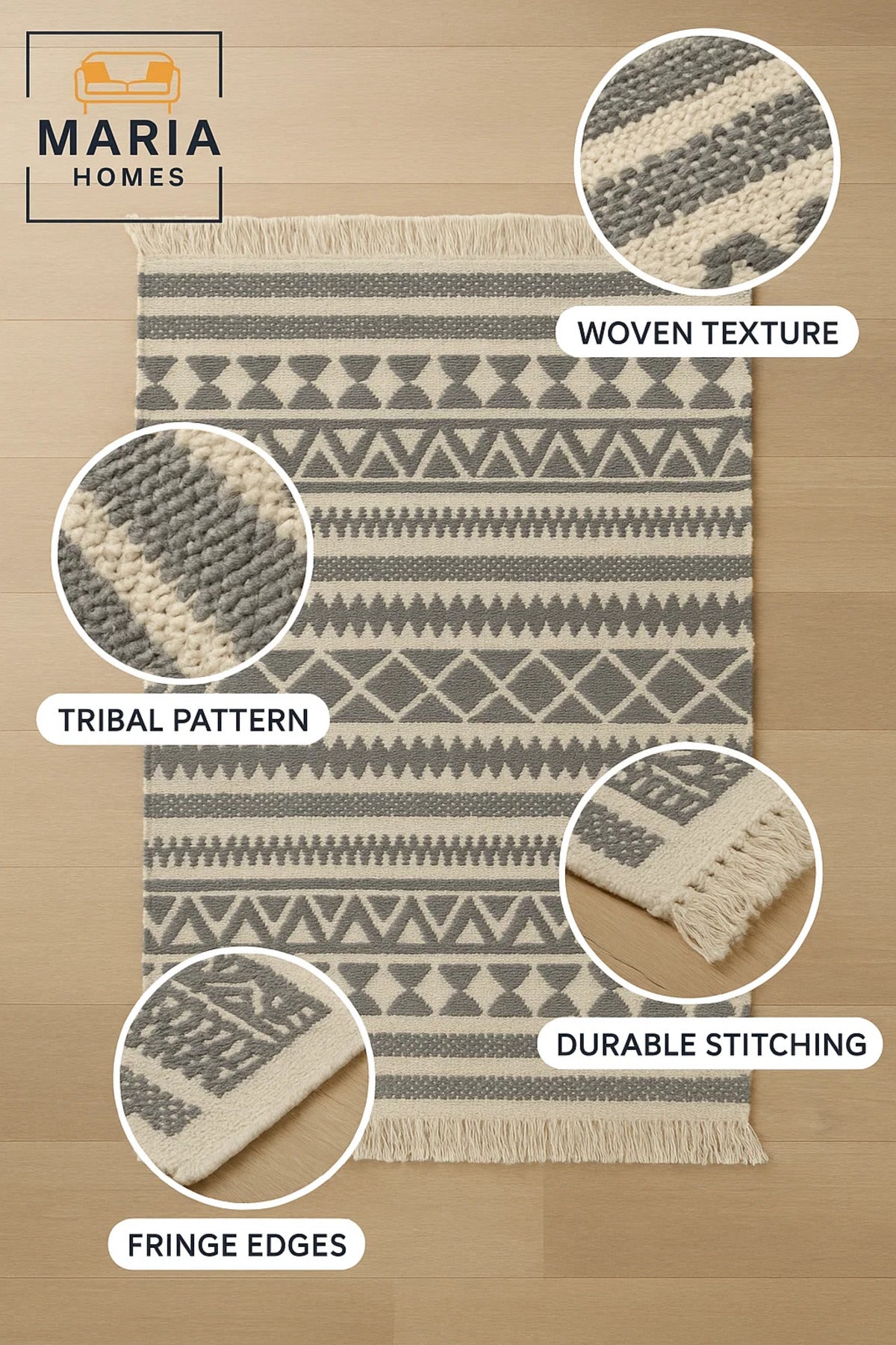Boho Tribal Cotton Runner Rug with Fringes Ð Black & Cream, size 90*200 cm
