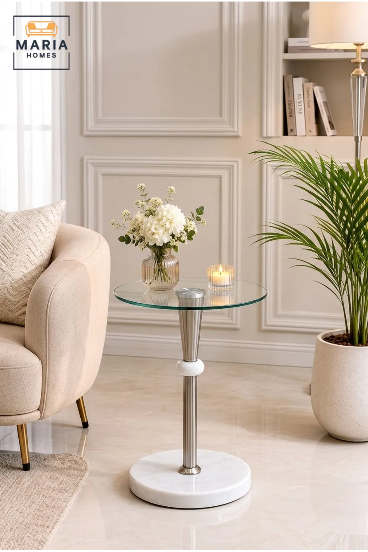 Modern Round Glass Side Table with Marble Base and Stainless Steel Frame