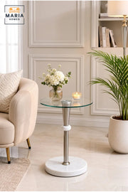 Modern Round Glass Side Table with Marble Base and Stainless Steel Frame
