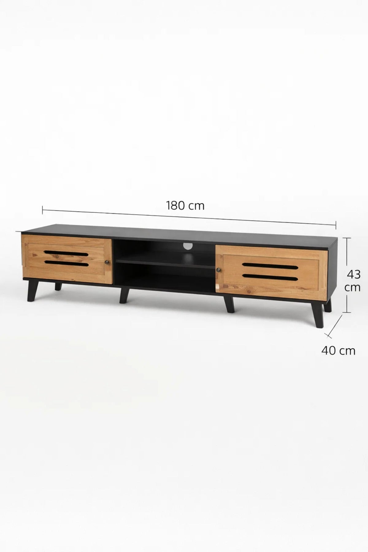 Modern Wooden TV Stand Black with Oak Front Panels 180 x 40 x 43 cm