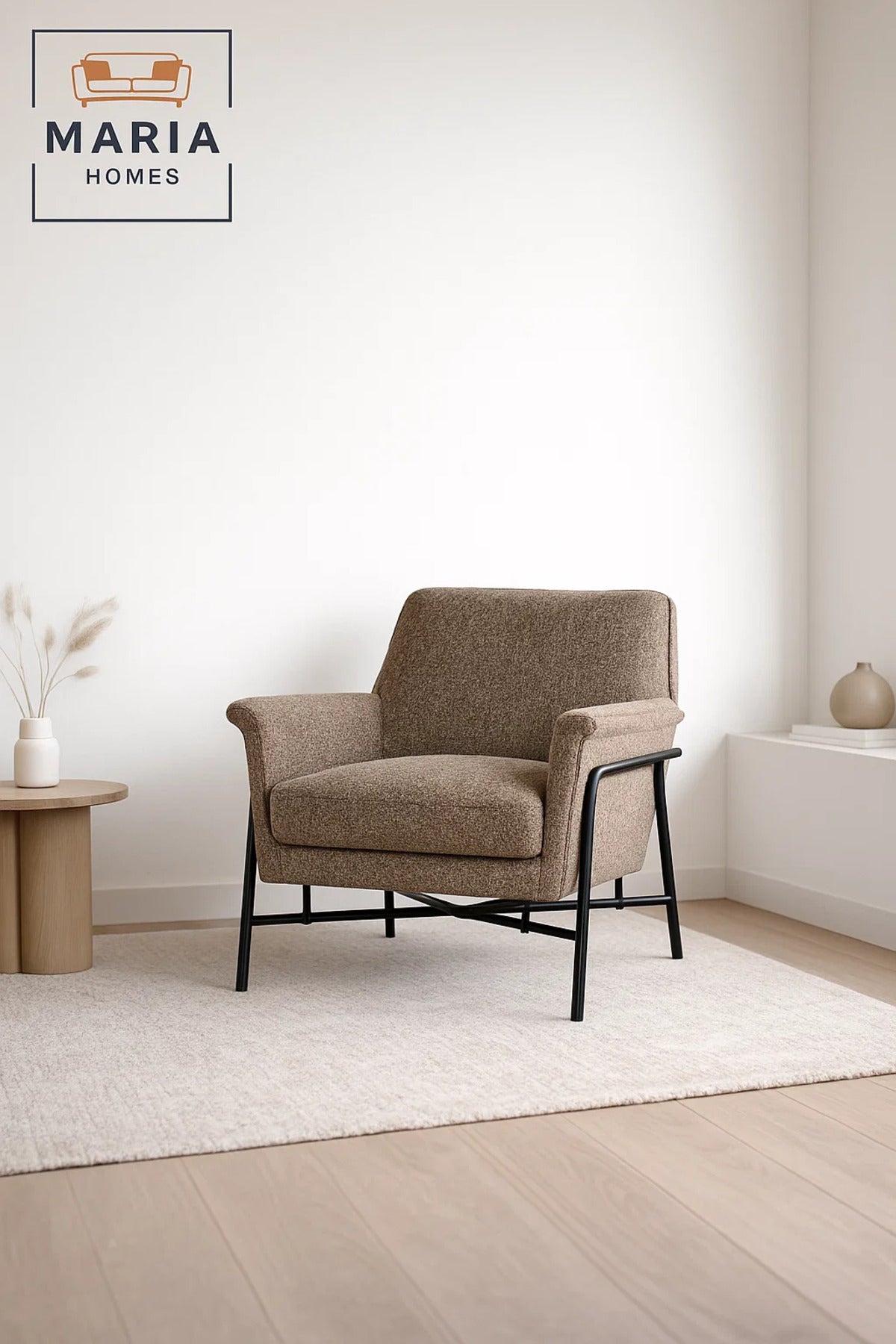 Modern Upholstered Armchair Brown Comfortable Accent Chair with Metal Frame